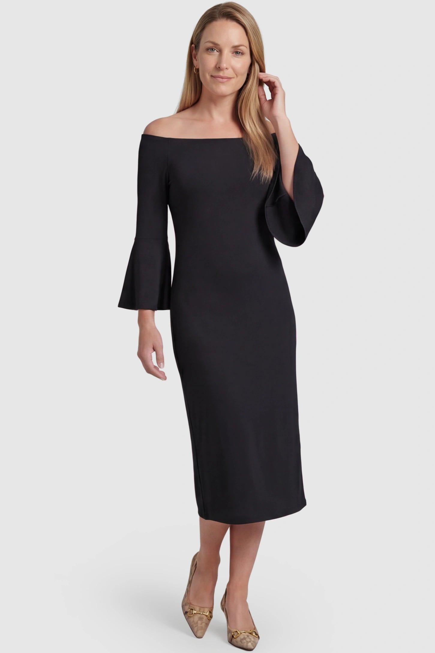 Boat Neck Bell Sleeve Maternity Midi Dress Boat Neck Bell Sleeve Maternity Midi Dress in Black featuring a high stretch fit on a postpartum model front view.