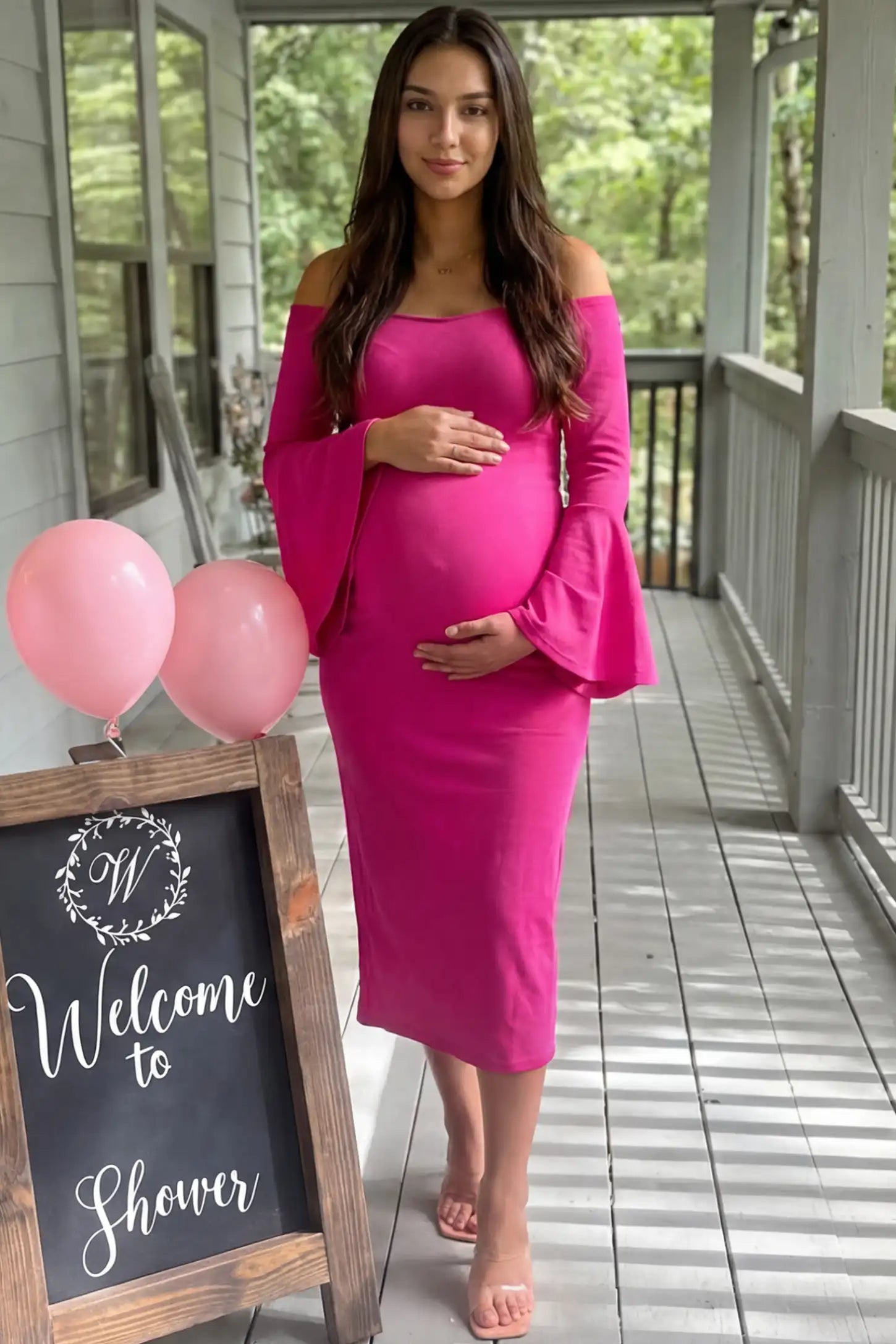 Boat Neck Bell Sleeve Maternity Midi Dress Boat Neck Bell Sleeve Maternity Midi Dress in magenta featuring a high stretch fit on a pregnant woman at an outdoor event front view.
