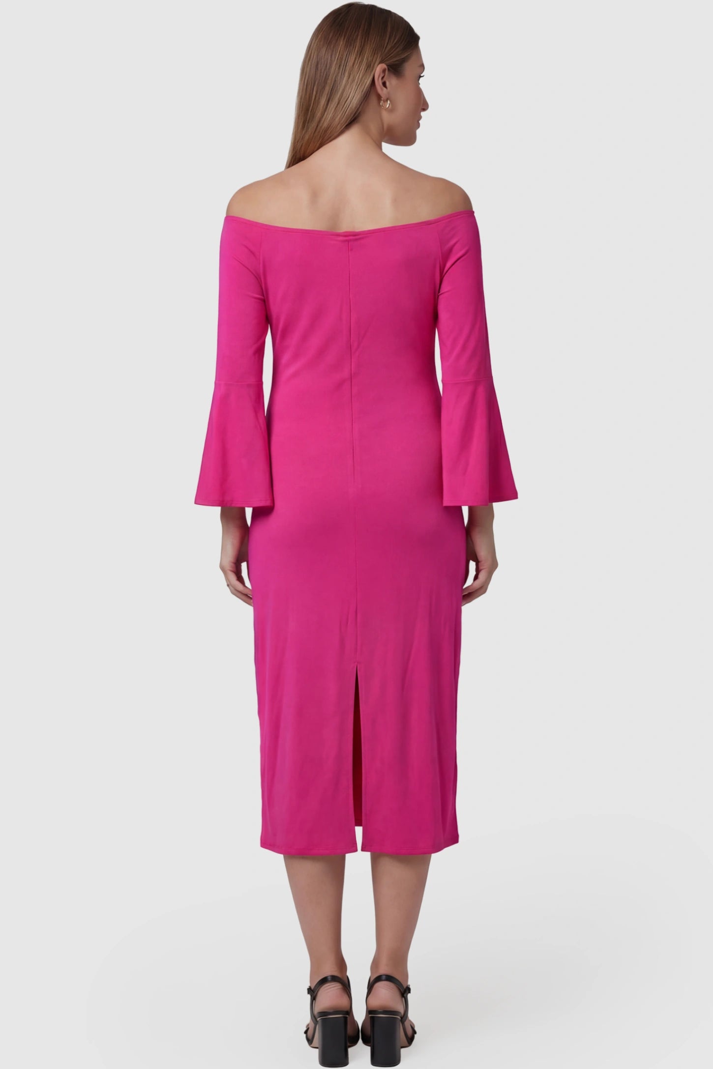 Boat Neck Bell Sleeve Maternity Midi Dress Boat Neck Bell Sleeve Maternity Midi Dress in magenta featuring a high stretch fit and back vent detail on a pregnant model back view.