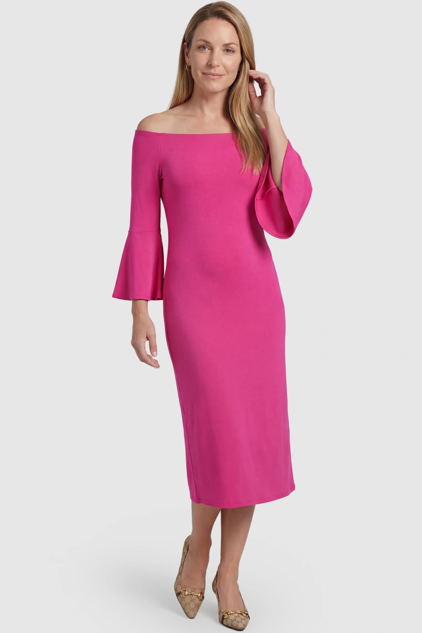 Boat Neck Bell Sleeve Maternity Midi Dress Boat Neck Bell Sleeve Maternity Midi Dress in magenta featuring a high stretch fit on a postpartum model front view.