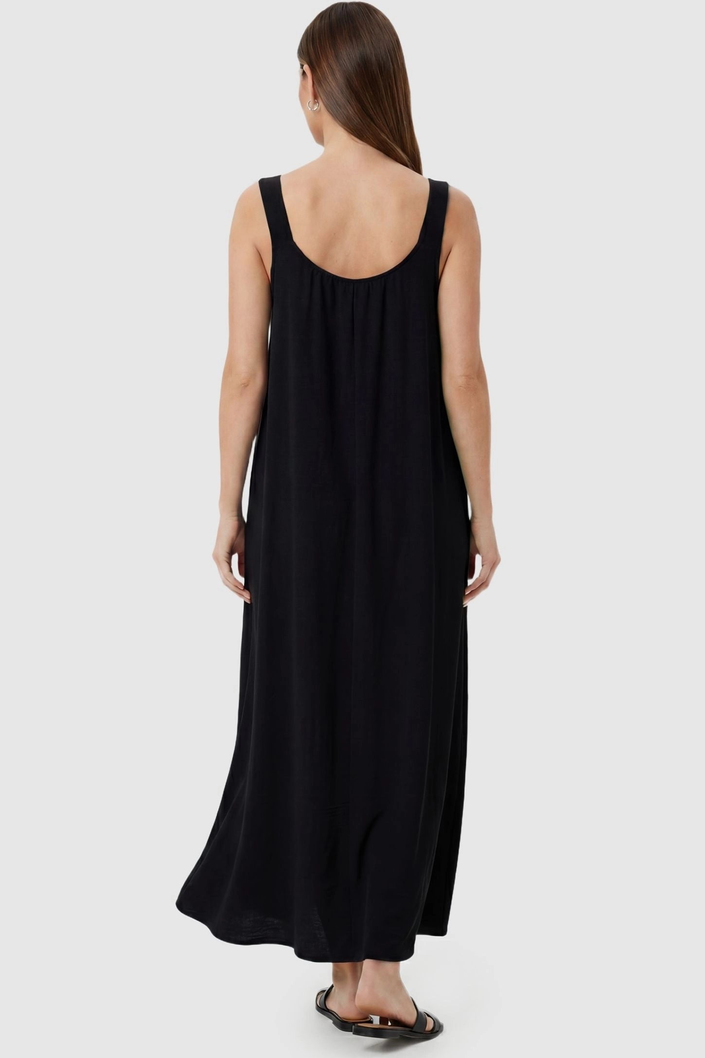 Bow Strap A-Line Maternity Dress Rear view of Black Bow Strap A-Line Maternity Dress with a deep scoop back on a non-pregnant model.