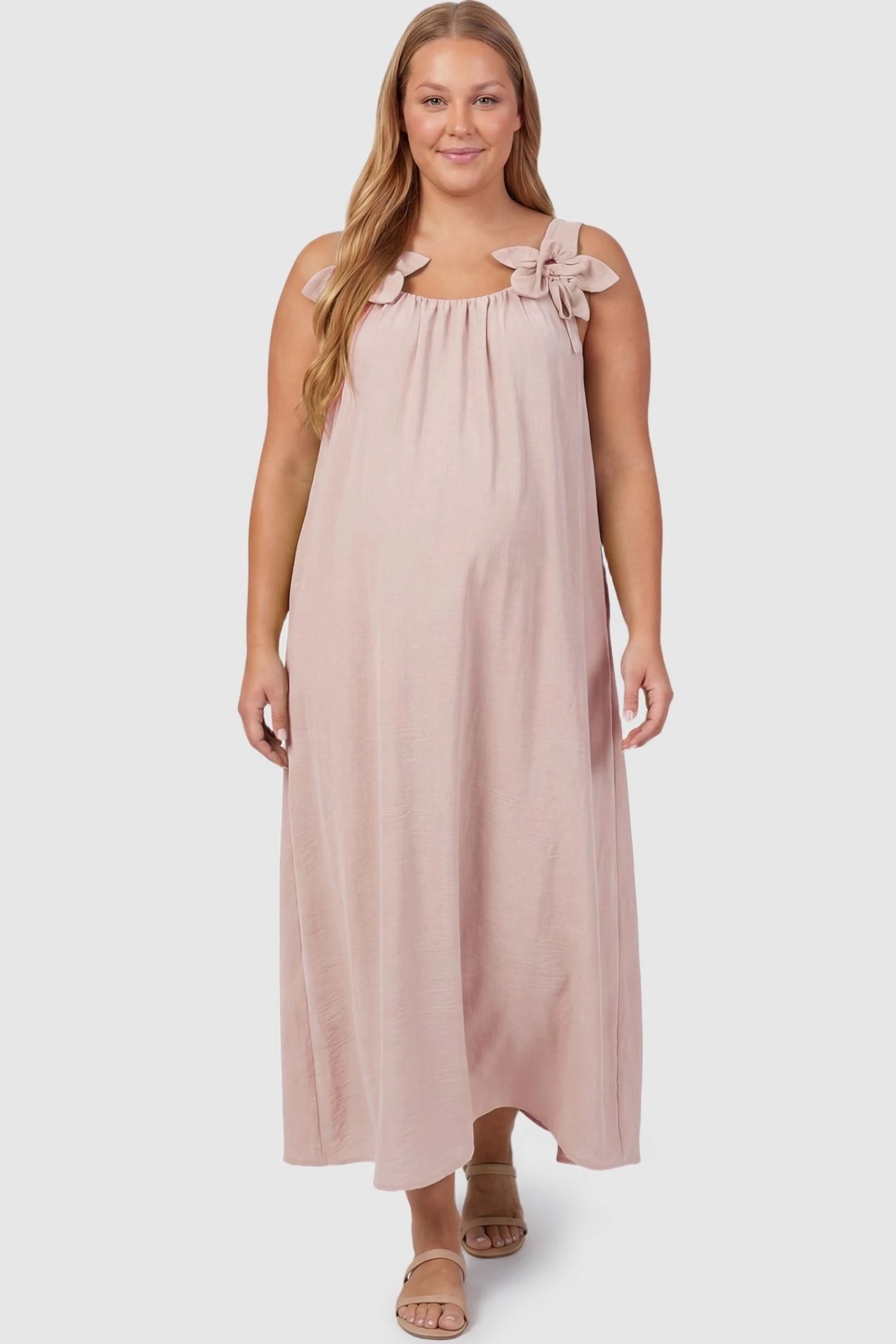 Bow Strap A-Line Maternity Dress Cream Bow Strap A-Line Maternity Dress on a plus size pregnant model featuring the breezy A-line shape.