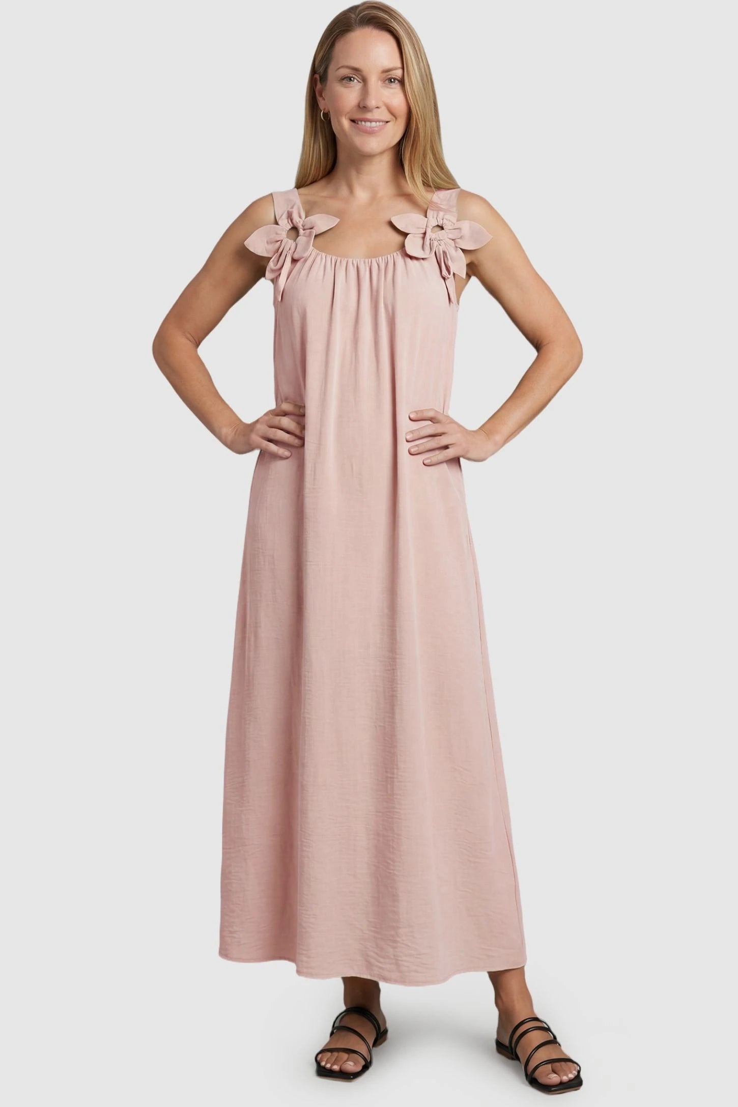Bow Strap A-Line Maternity Dress Postpartum model in a Cream Bow Strap A-Line Maternity Dress showing the versatile non-maternity fit.