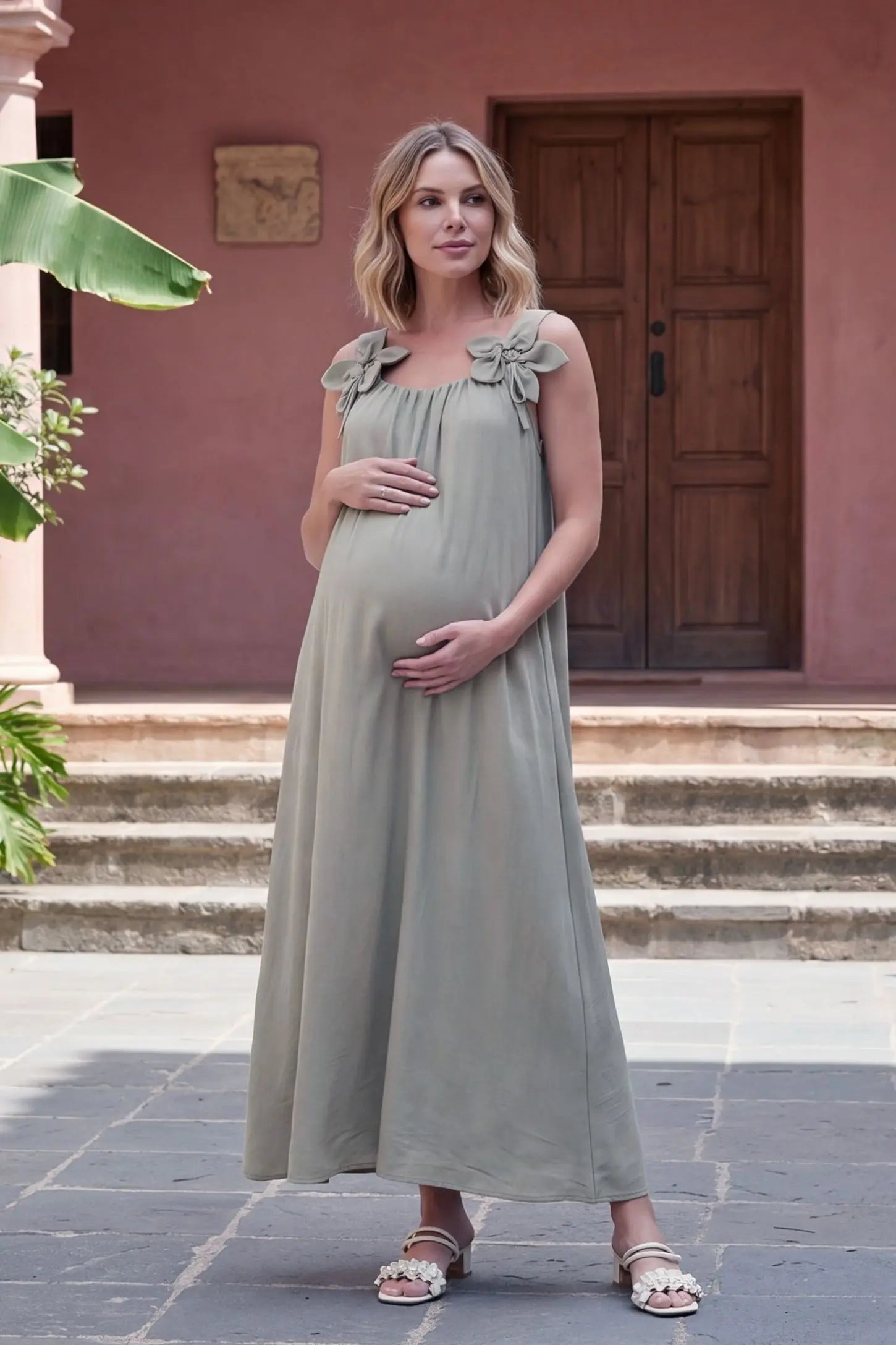 Bow Strap A-Line Maternity Dress Gray Bow Strap A-Line Maternity Dress on a postpartum model showcasing the elegant sleeveless design.