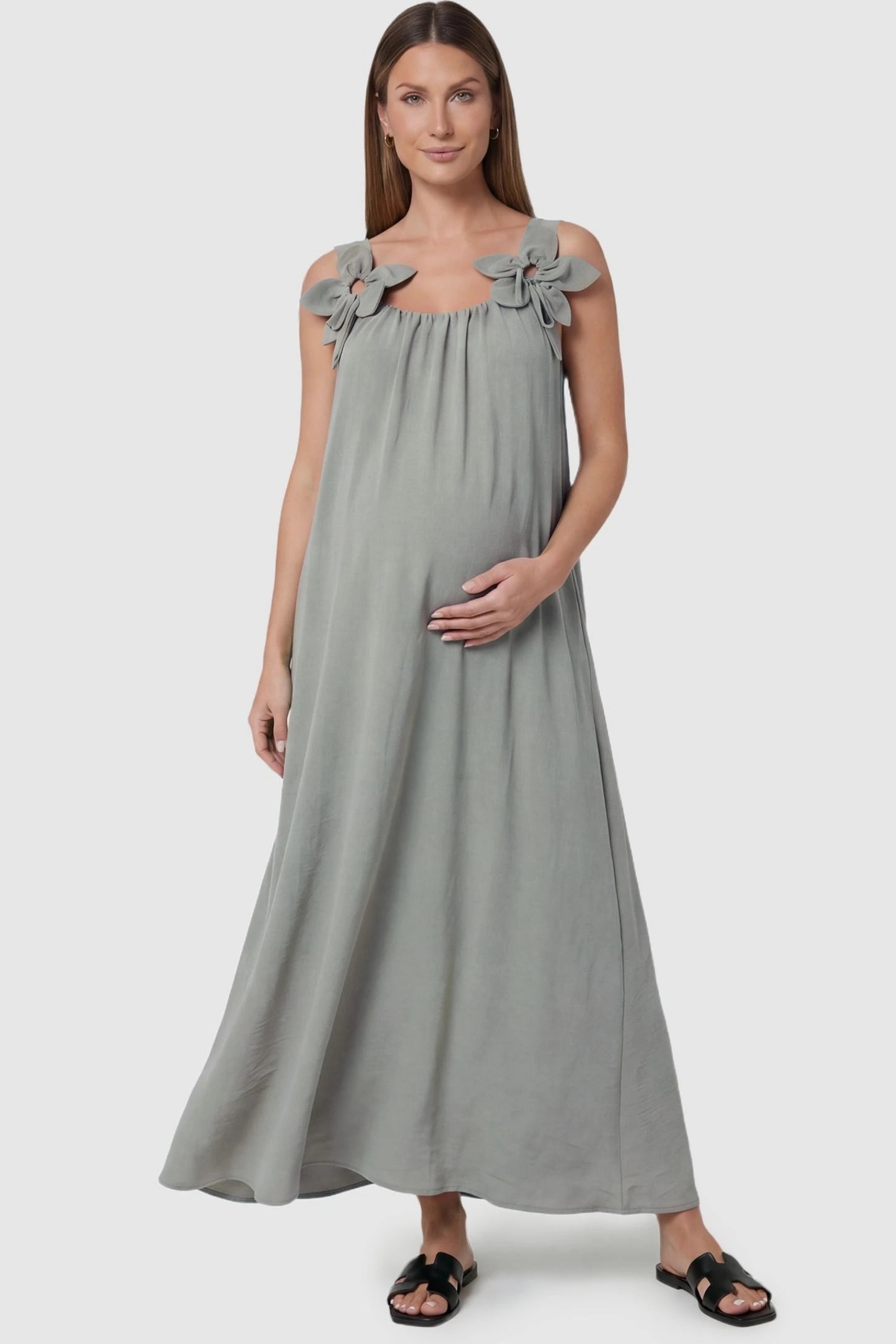 Bow Strap A-Line Maternity Dress Gray Bow Strap A-Line Maternity Dress with decorative shoulder bows on a front-facing pregnant model.