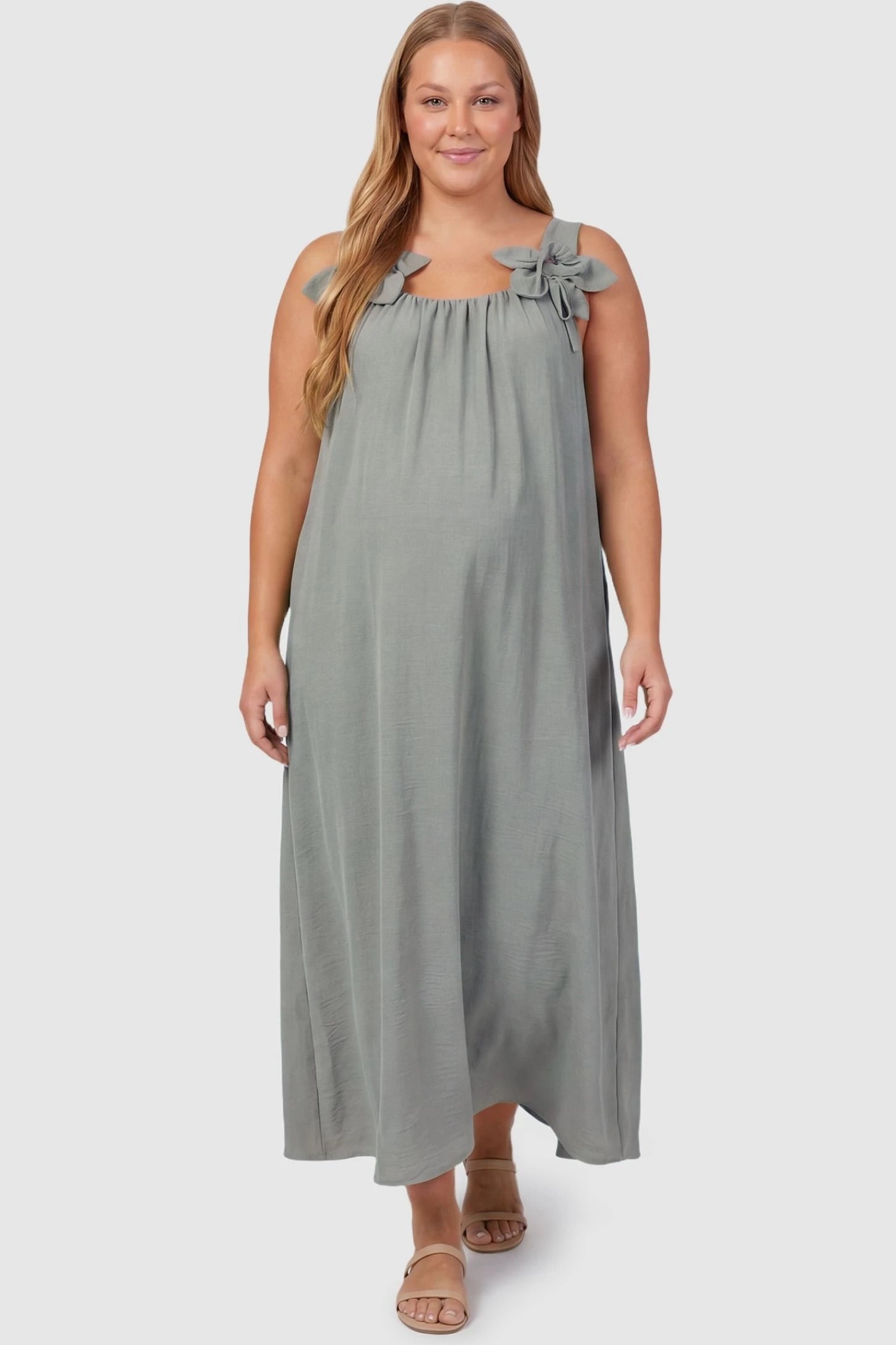 Bow Strap A-Line Maternity Dress Plus size pregnant model in Gray Bow Strap A-Line Maternity Dress highlighting the inclusive relaxed fit.