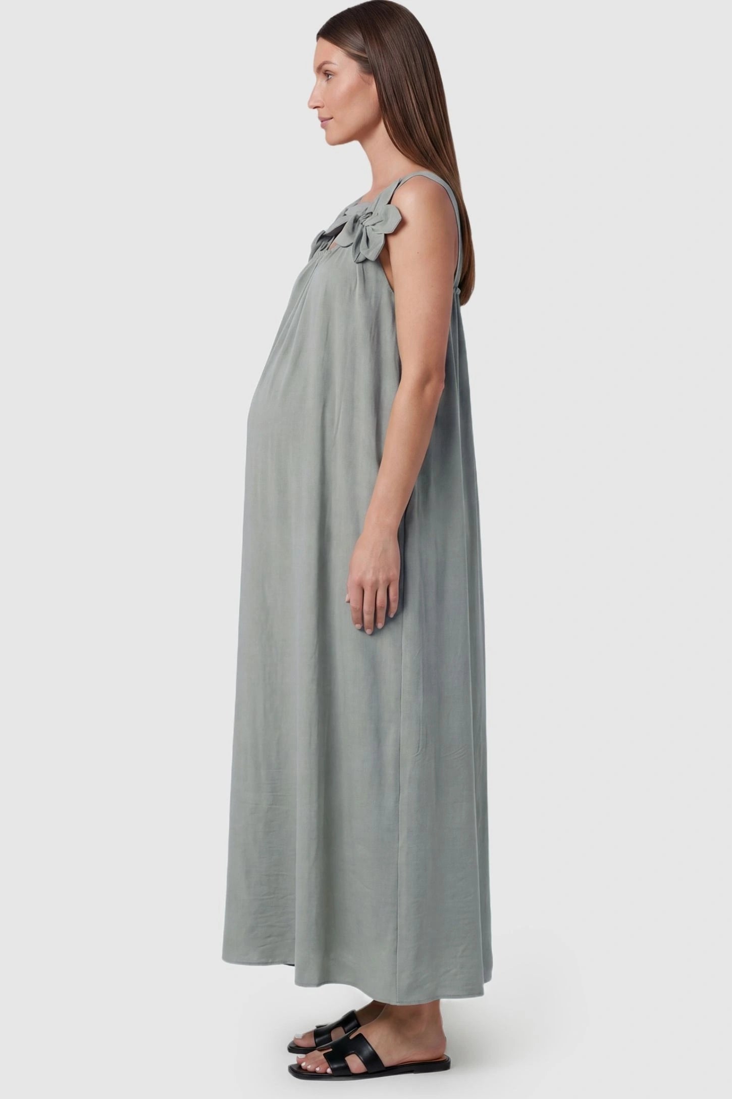 Bow Strap A-Line Maternity Dress Gray Bow Strap A-Line Maternity Dress in a side view featuring the ample room for a growing baby bump.