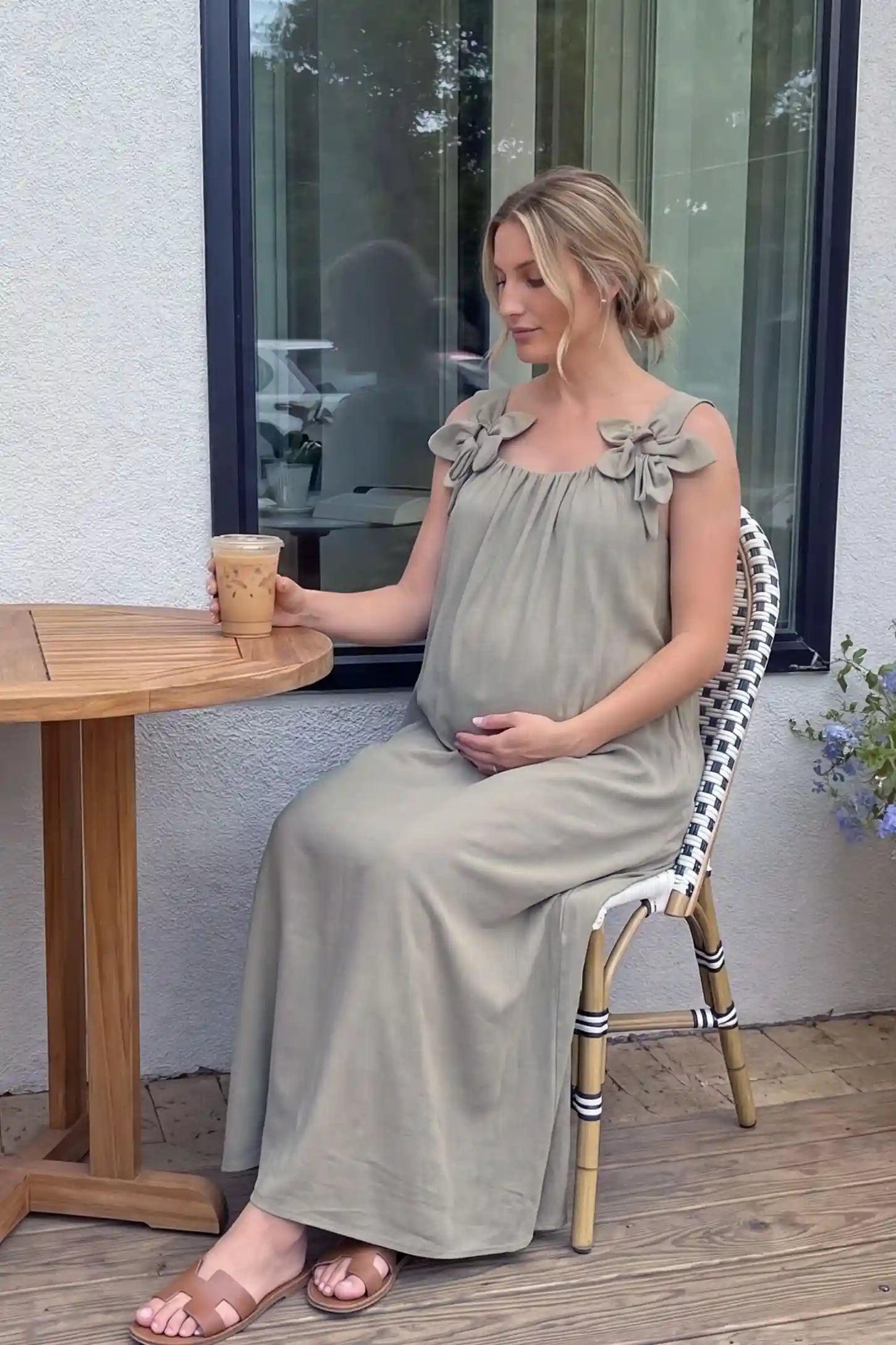 Bow Strap A-Line Maternity Dress Gray Bow Strap A-Line Maternity Dress in a side view featuring the ample room for a growing baby bump.