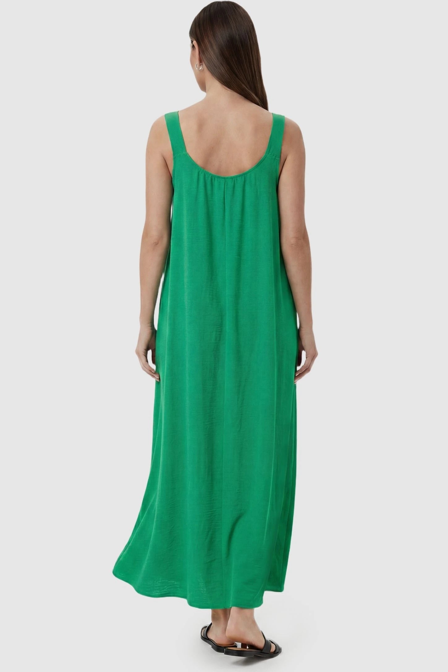 Bow Strap A-Line Maternity Dress Rear view of Green Bow Strap A-Line Maternity Dress showcasing the wide comfortable straps on a model.