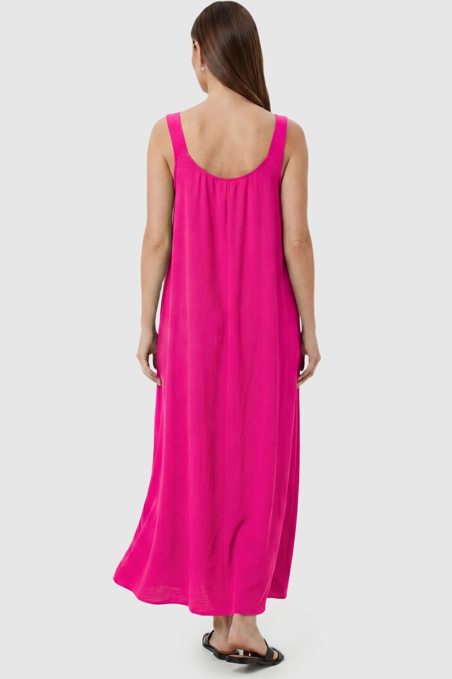 Bow Strap A-Line Maternity Dress Back view of Pink Bow Strap A-Line Maternity Dress highlighting the elegant scoop neckline on a model.