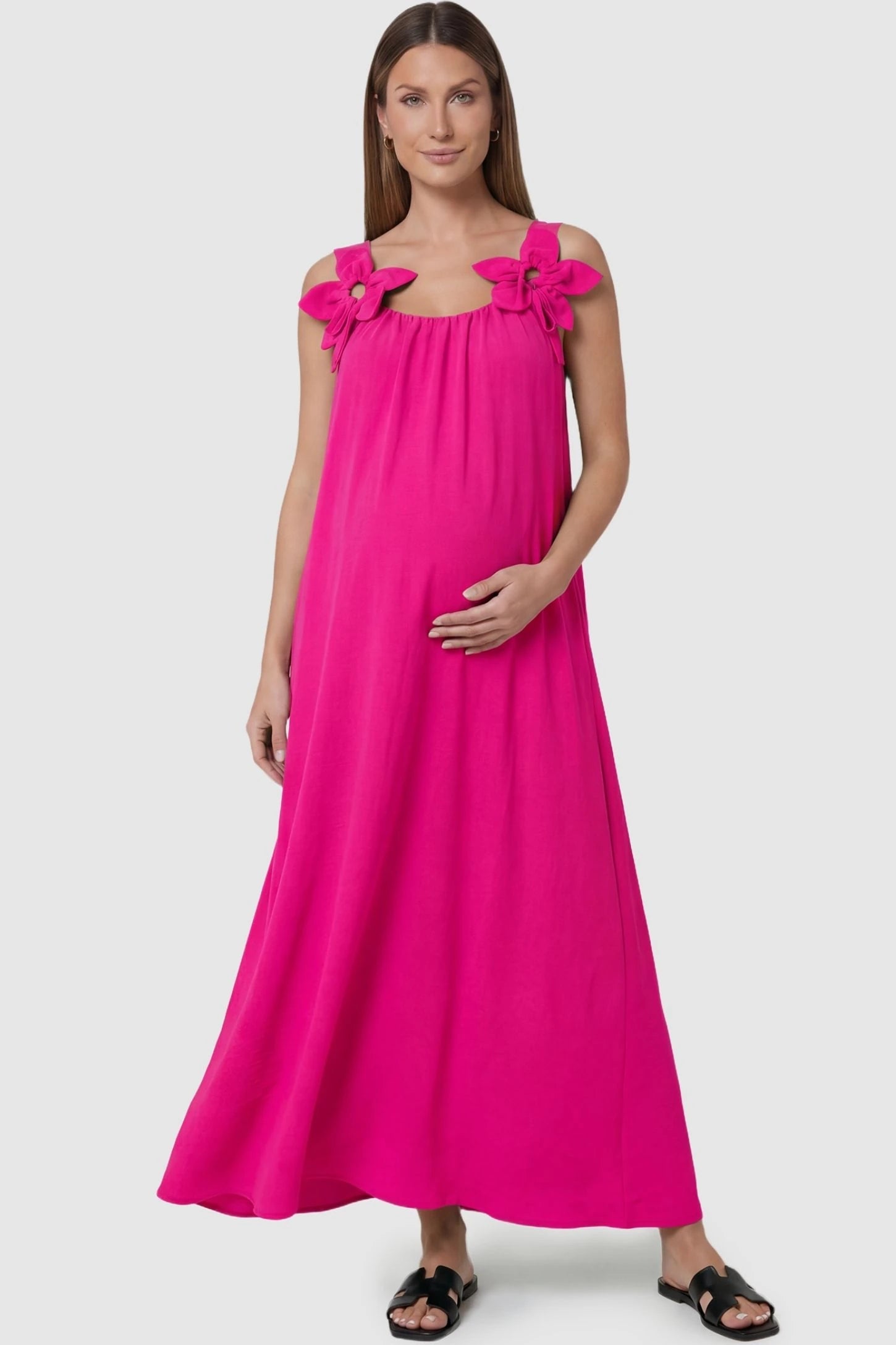 Bow Strap A-Line Maternity Dress Pink Bow Strap A-Line Maternity Dress featuring vibrant rose red tones on a front-facing pregnant model.