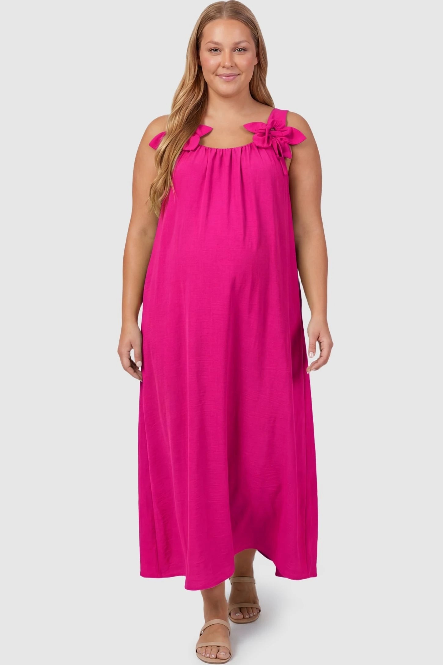 Bow Strap A-Line Maternity Dress Plus size pregnant model in Pink Bow Strap A-Line Maternity Dress showcasing the breathable cotton feel.