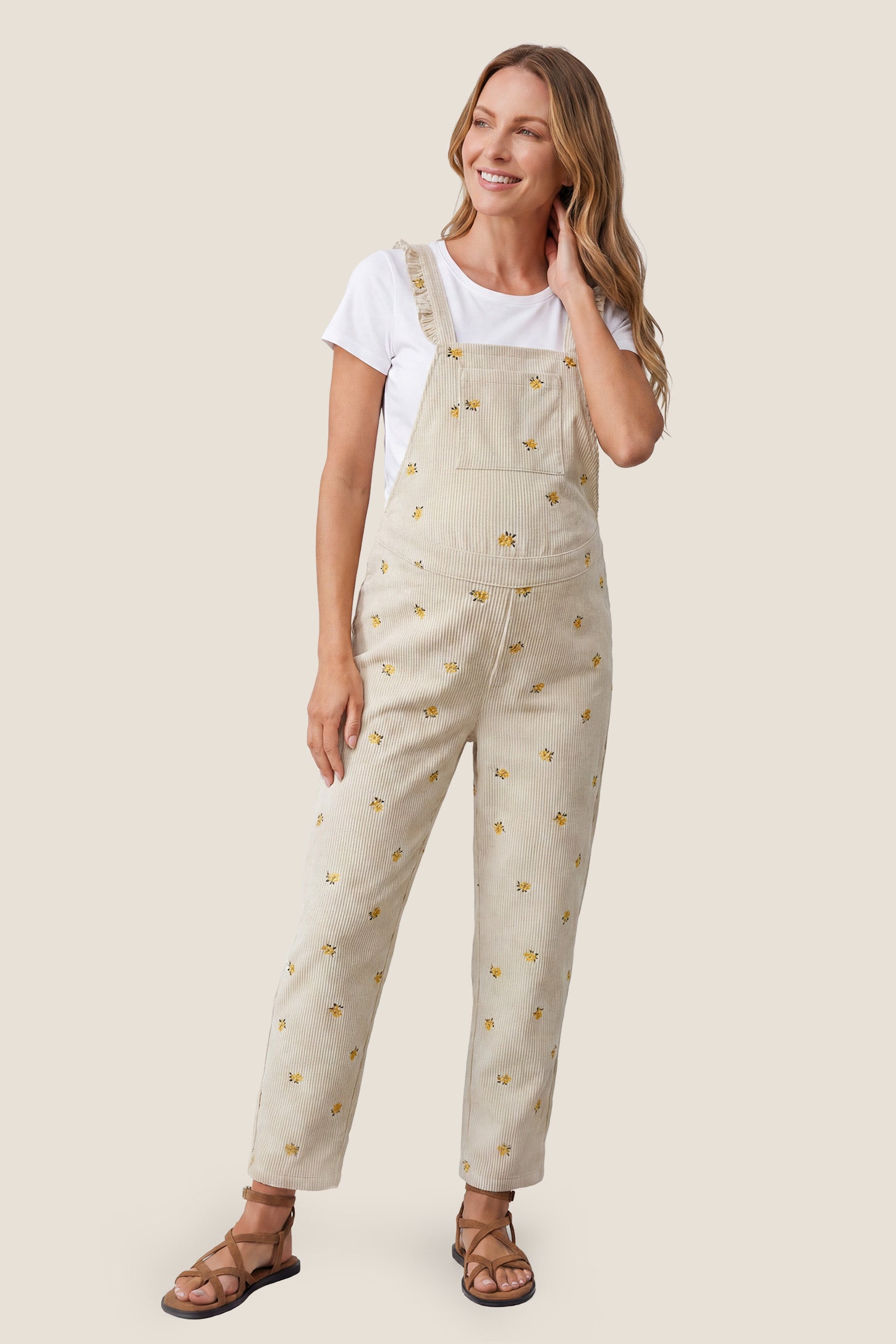 Bump-Friendly Floral Maternity Overalls Front view of Bumpbabe Bump-Friendly Floral Maternity Overalls in Cream Yellow Floral.