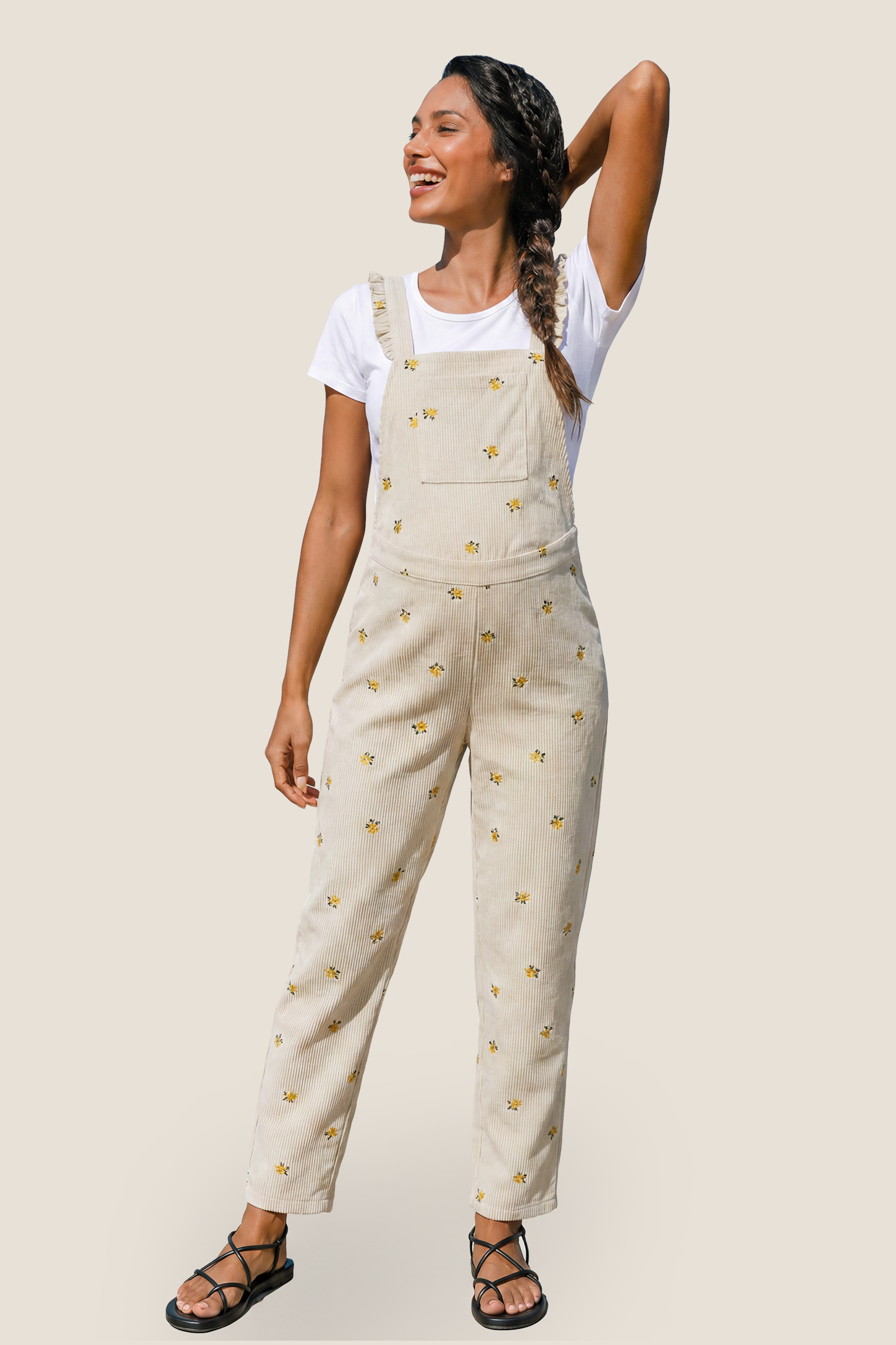 Bump-Friendly Floral Maternity Overalls Model wearing Bumpbabe Bump-Friendly Floral Maternity Overalls in Cream Yellow Floral styled for postpartum comfort.