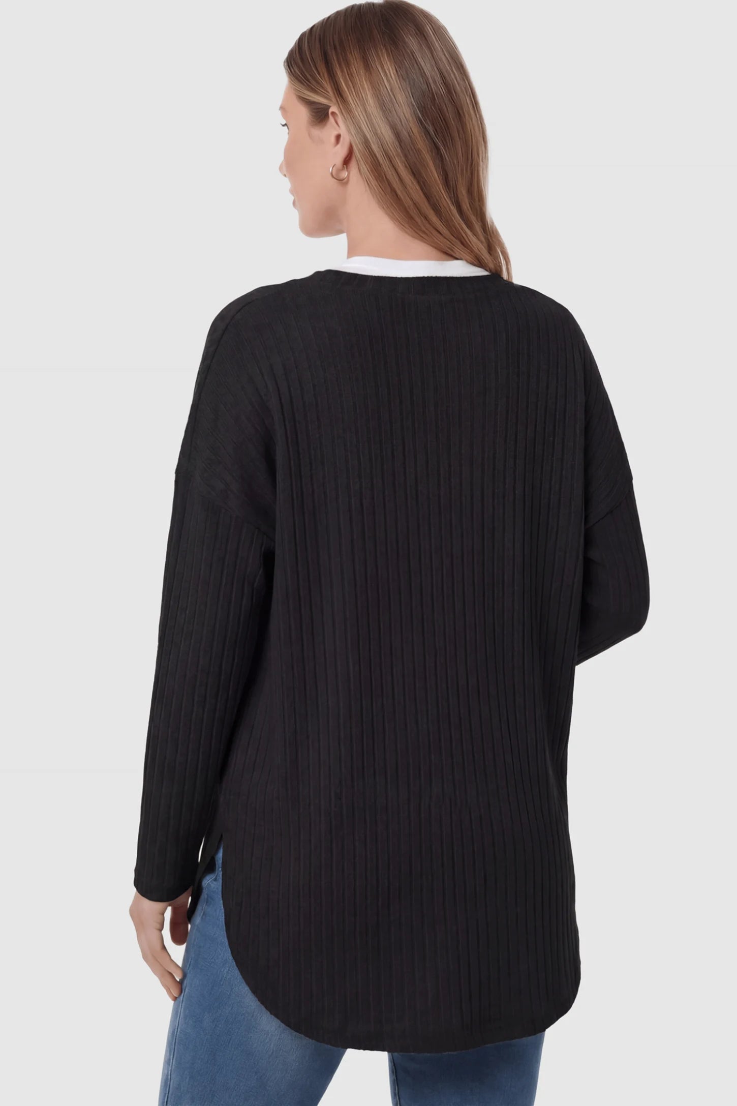 Button Down Ribbed Knit Maternity Cardigan Button Down Ribbed Knit Maternity Cardigan in Black featuring a functional buttons on a pregnant woman showing back.