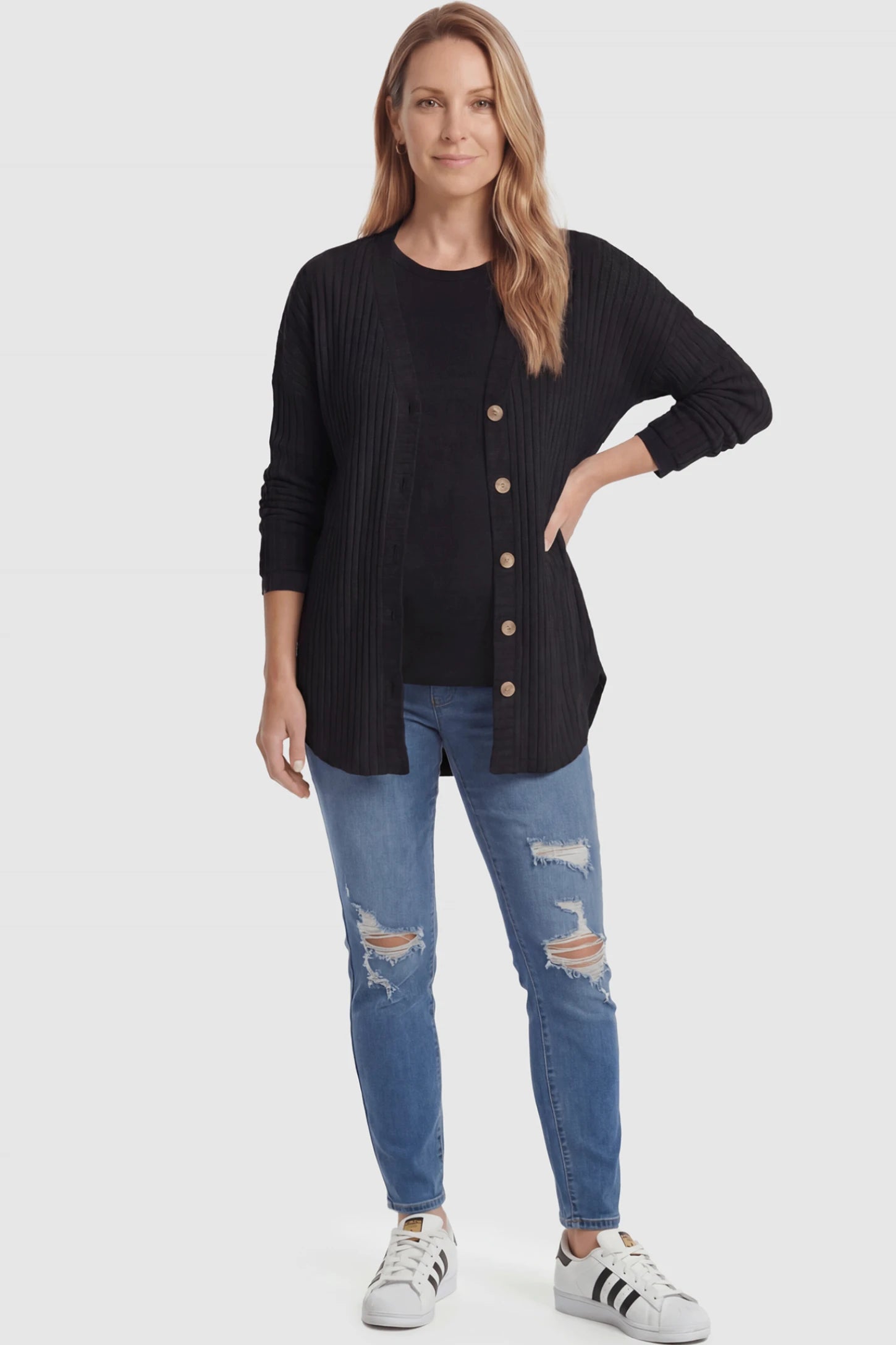 Button Down Ribbed Knit Maternity Cardigan Button Down Ribbed Knit Maternity Cardigan in Black featuring a functional buttons on a postpartum model.