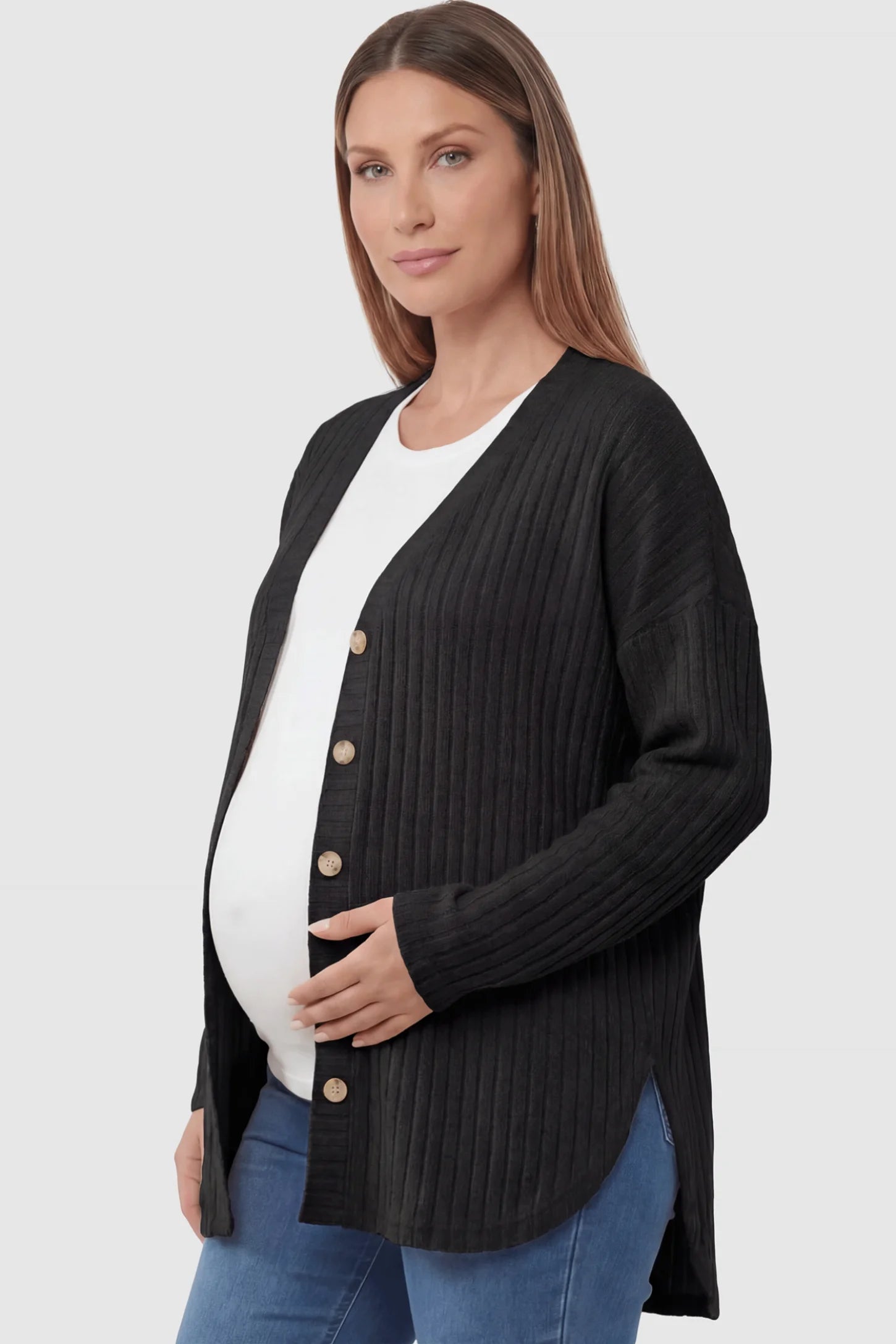 Button Down Ribbed Knit Maternity Cardigan Button Down Ribbed Knit Maternity Cardigan in Black featuring a functional buttons on a pregnant woman showing side.