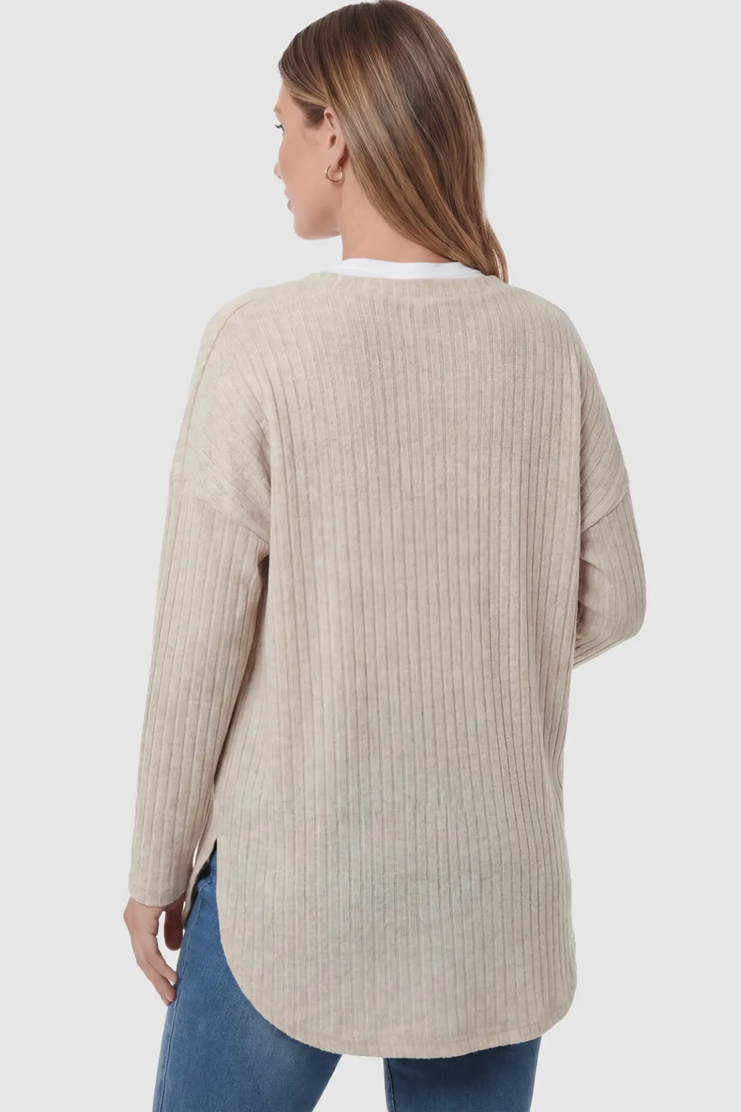 Button Down Ribbed Knit Maternity Cardigan Button Down Ribbed Knit Maternity Cardigan in khaki featuring a functional buttons on a pregnant woman showing back.