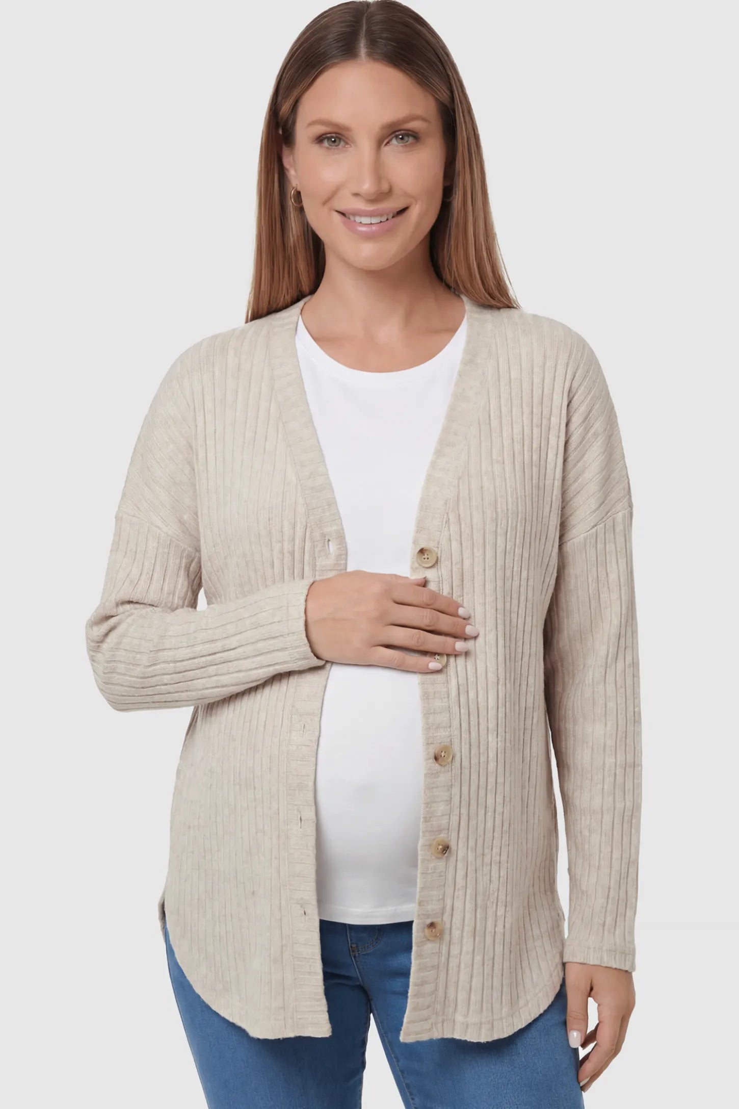 Button Down Ribbed Knit Maternity Cardigan Button Down Ribbed Knit Maternity Cardigan in khaki featuring a functional buttons on a pregnant woman showing front.