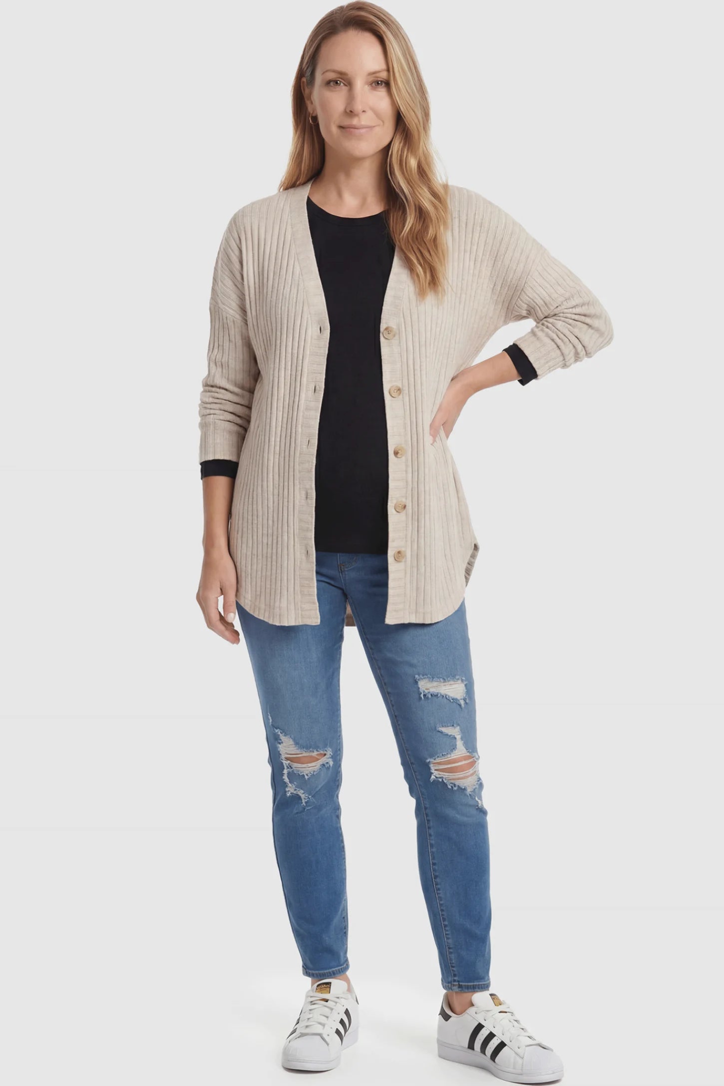 Button Down Ribbed Knit Maternity Cardigan Button Down Ribbed Knit Maternity Cardigan in khaki featuring a functional buttons on a postpartum model.