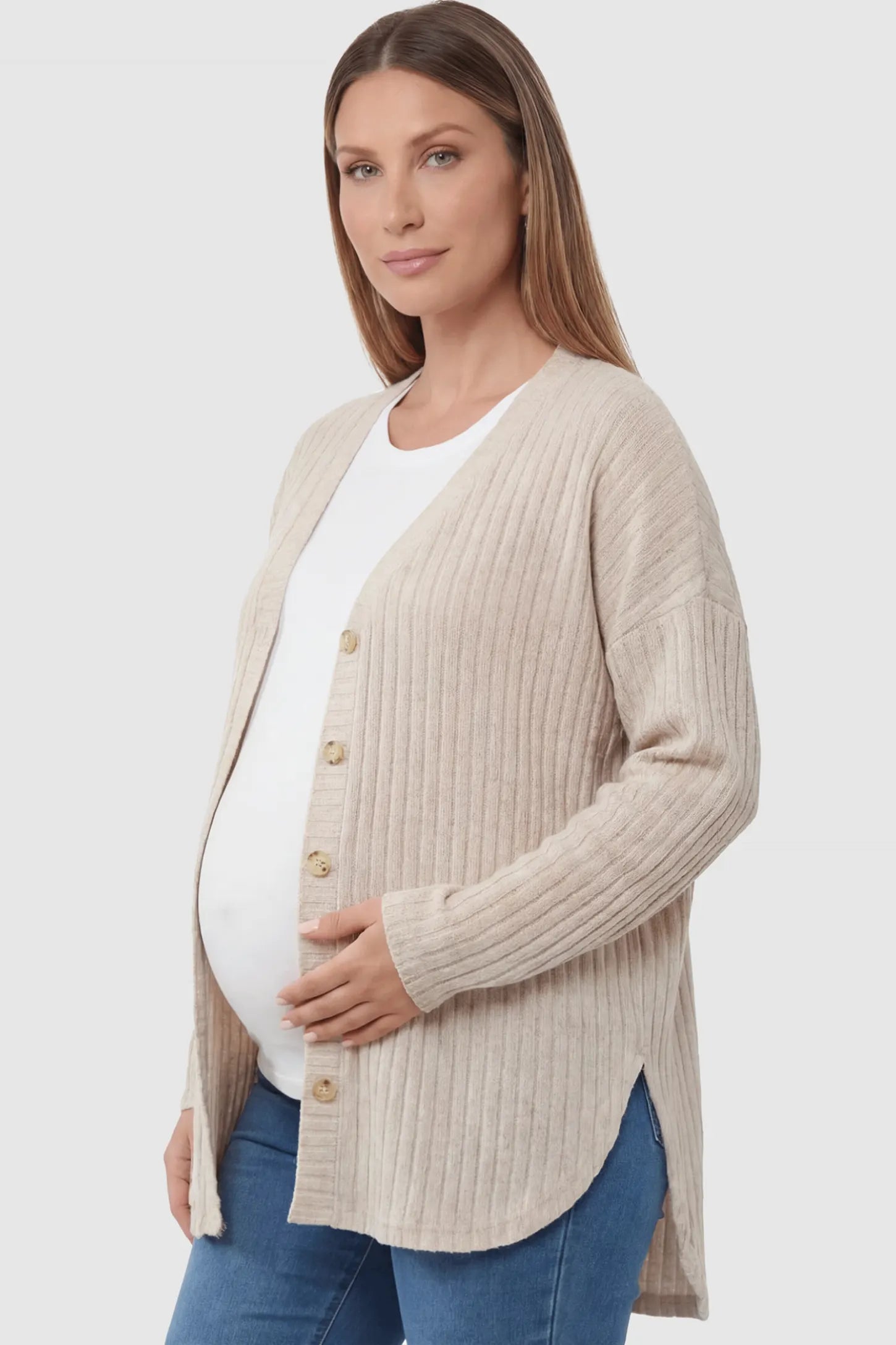 Button Down Ribbed Knit Maternity Cardigan Button Down Ribbed Knit Maternity Cardigan in khaki featuring a functional buttons on a pregnant woman showing side.