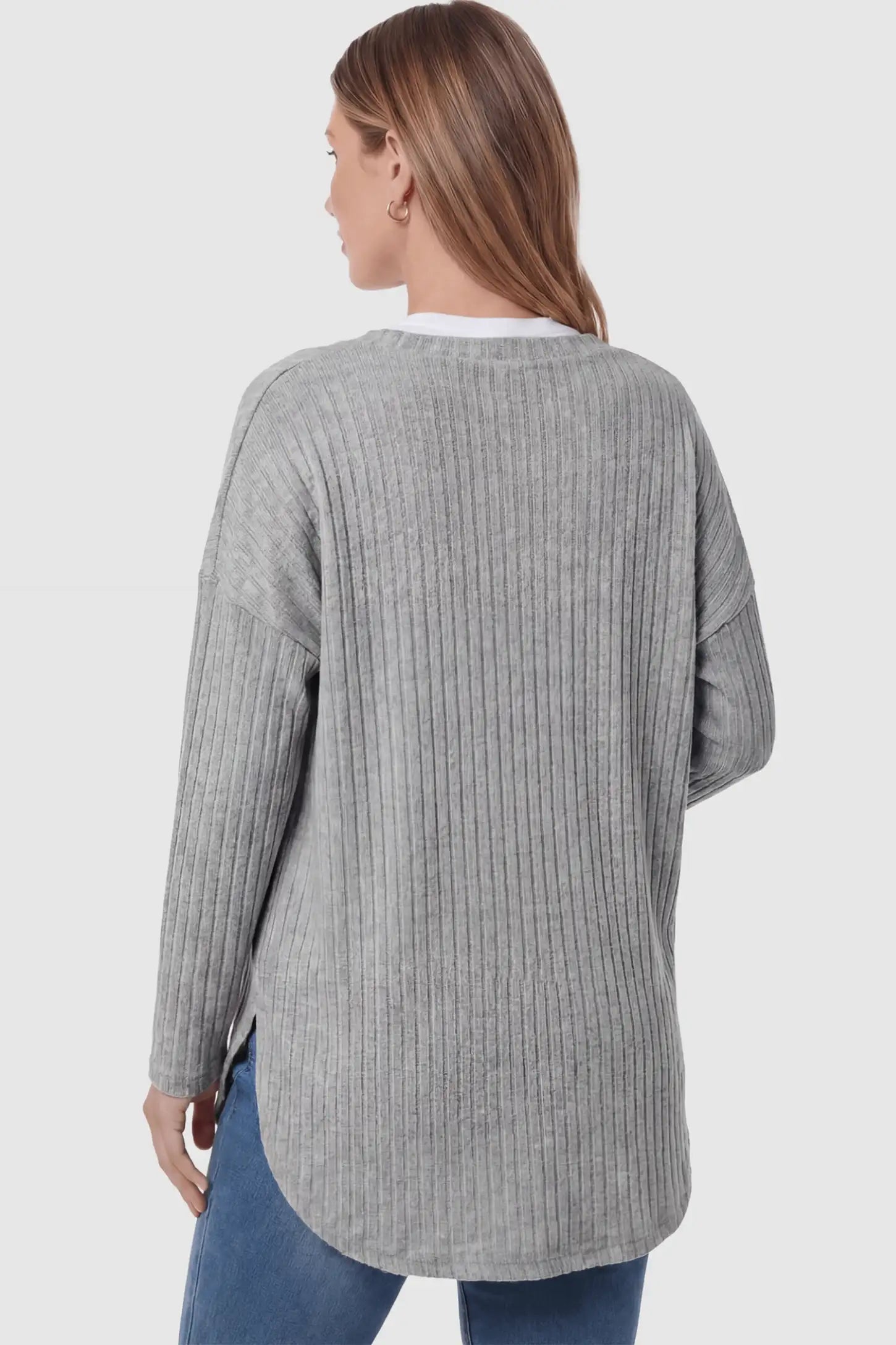 Button Down Ribbed Knit Maternity Cardigan Button Down Ribbed Knit Maternity Cardigan in light gray featuring a functional buttons on a pregnant woman showing back.