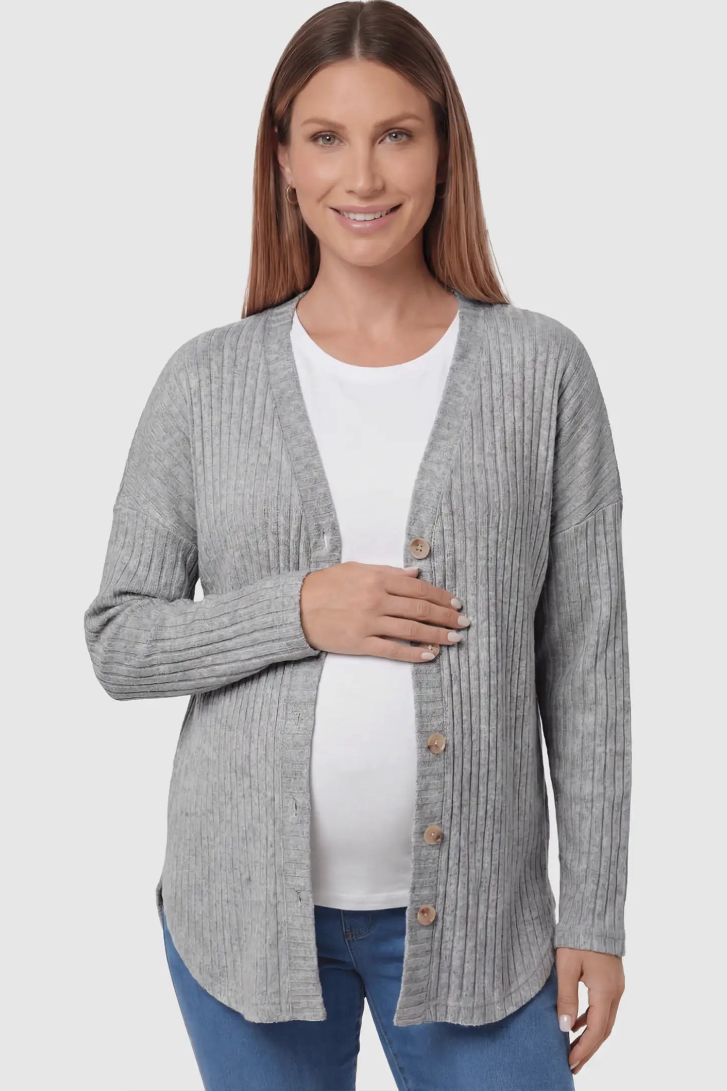 Button Down Ribbed Knit Maternity Cardigan Button Down Ribbed Knit Maternity Cardigan in light gray featuring a functional buttons on a pregnant woman showing front.