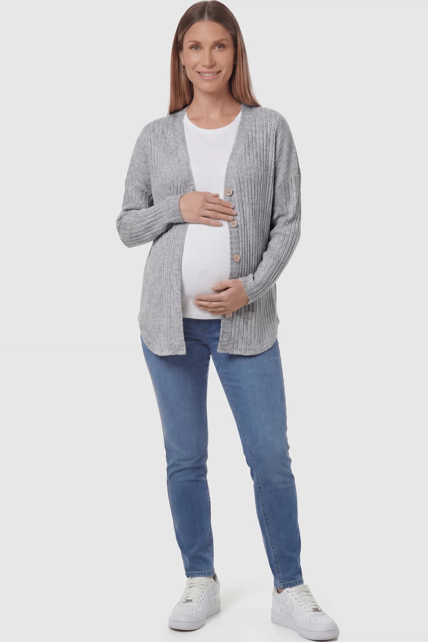 Button Down Ribbed Knit Maternity Cardigan Button Down Ribbed Knit Maternity Cardigan in light gray featuring a functional buttons on a pregnant woman.