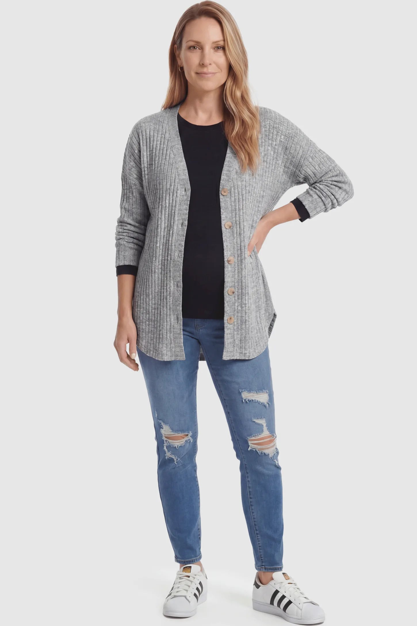 Button Down Ribbed Knit Maternity Cardigan Button Down Ribbed Knit Maternity Cardigan in Light Gray featuring a functional buttons on a postpartum model.