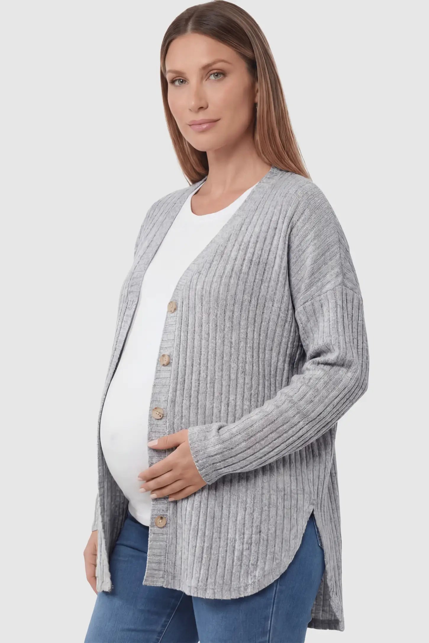 Button Down Ribbed Knit Maternity Cardigan Button Down Ribbed Knit Maternity Cardigan in light gray featuring a functional buttons on a pregnant woman showing side.