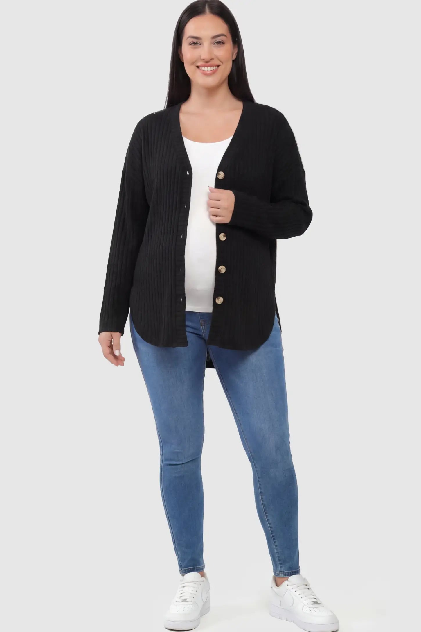 Button Down Ribbed Knit Maternity Cardigan Button Down Ribbed Knit Maternity Cardigan in Black featuring a functional buttons on a pregnant model.