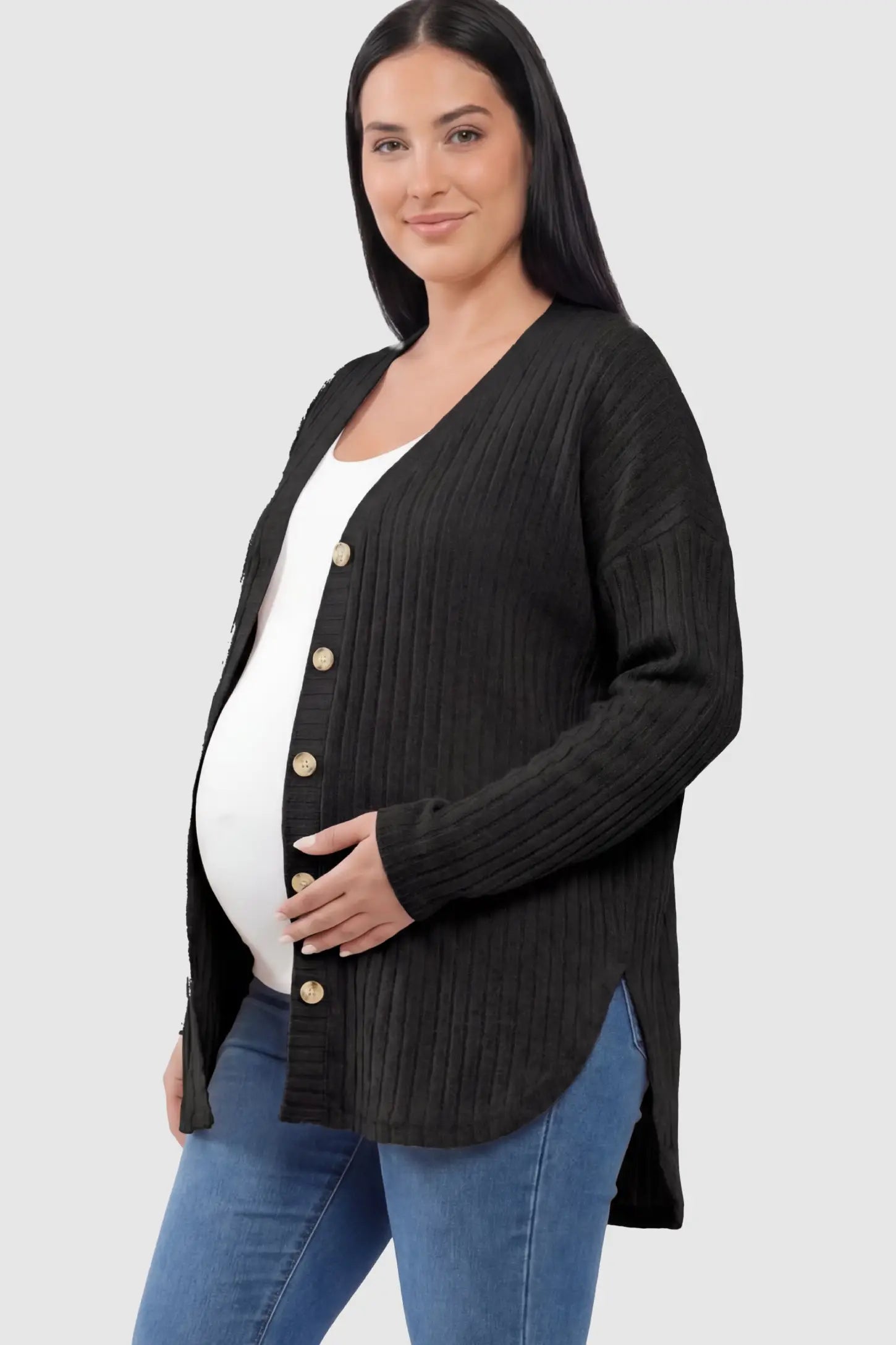 Button Down Ribbed Knit Maternity Cardigan in Black featuring a functional buttons on a pregnant model.
