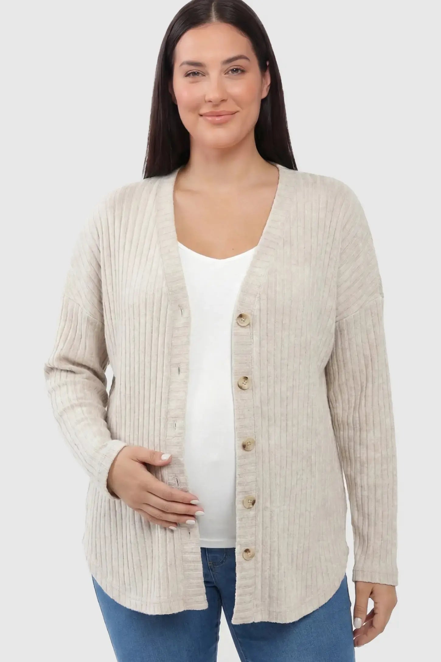 Button Down Ribbed Knit Maternity Cardigan Button Down Ribbed Knit Maternity Cardigan in Khaki featuring a functional buttons on a pregnant model.