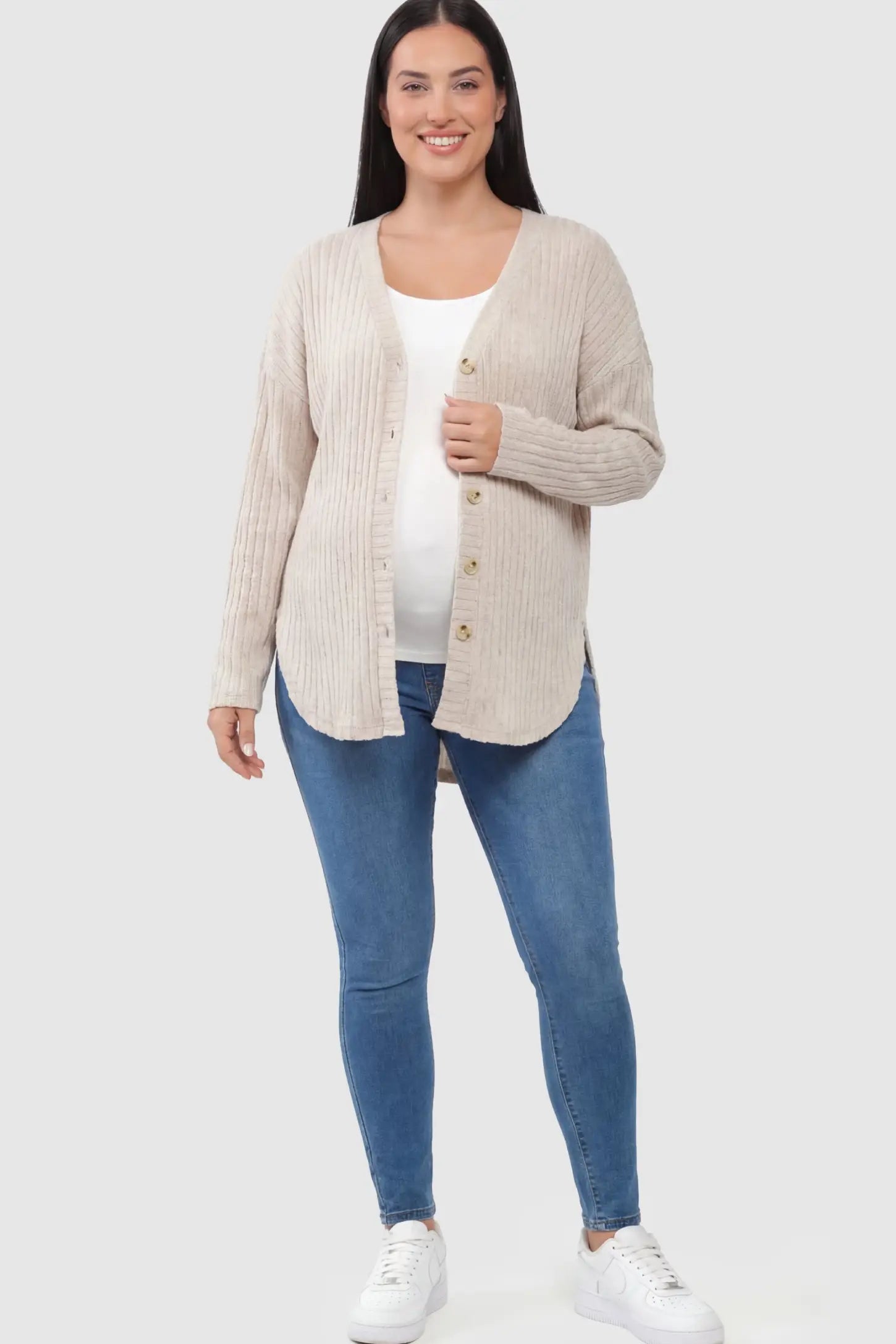 Button Down Ribbed Knit Maternity Cardigan Button-Down Ribbed V-Neck Maternity Top in light khaki with functional buttons on a pregnant model.
