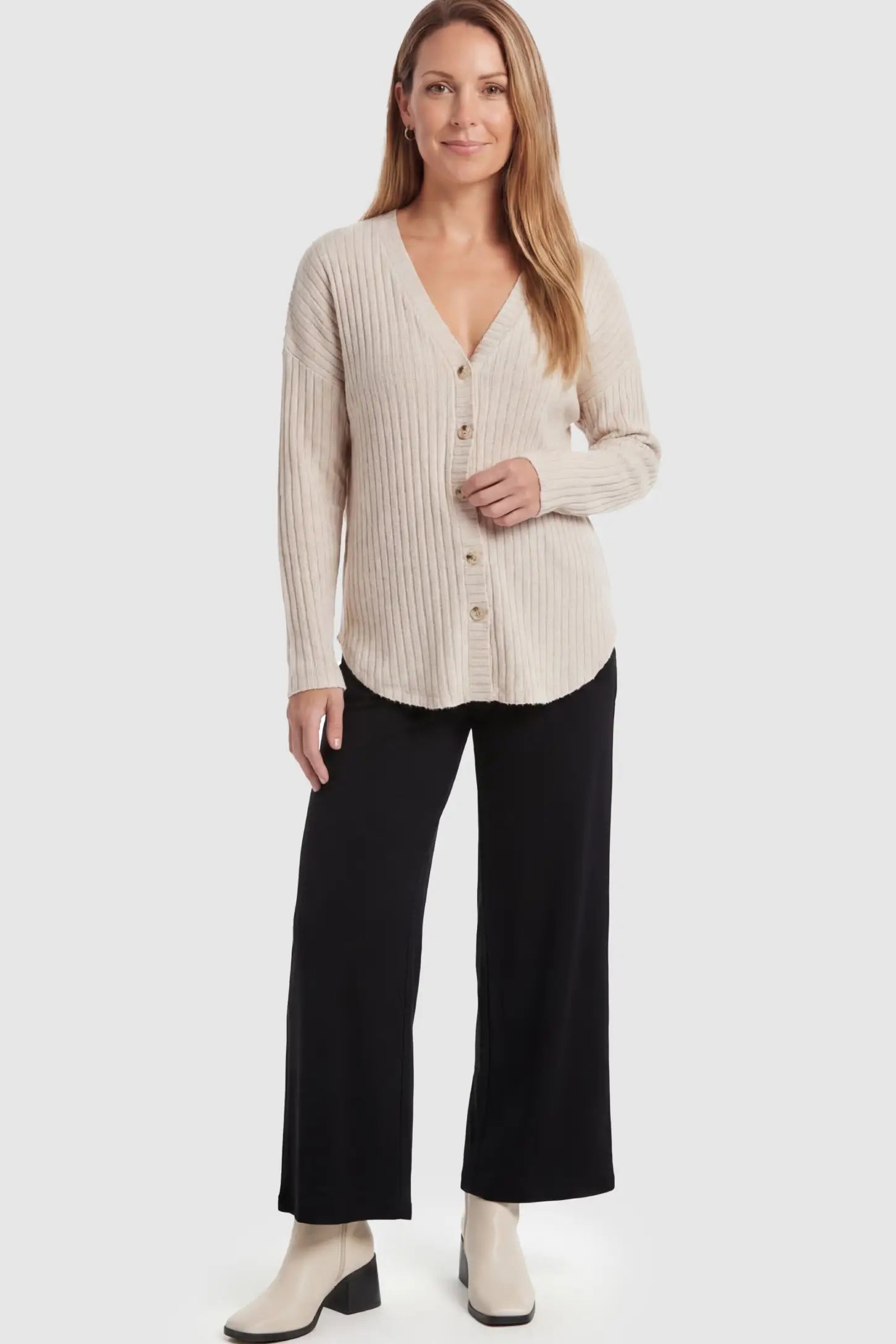 Button Down Ribbed Knit Maternity Cardigan Button Down Ribbed Knit Maternity Cardigan in Khaki featuring a functional buttons on a non pregnant model.