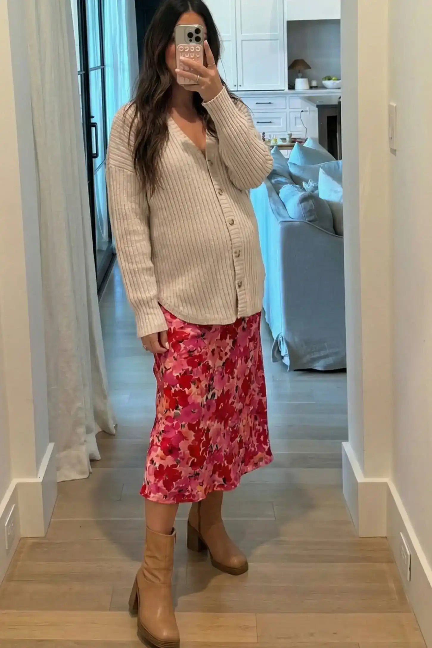 Button Down Ribbed Knit Maternity Cardigan Button Down Ribbed Knit Maternity Cardigan in Khaki featuring a functional buttons on a pregnant model.