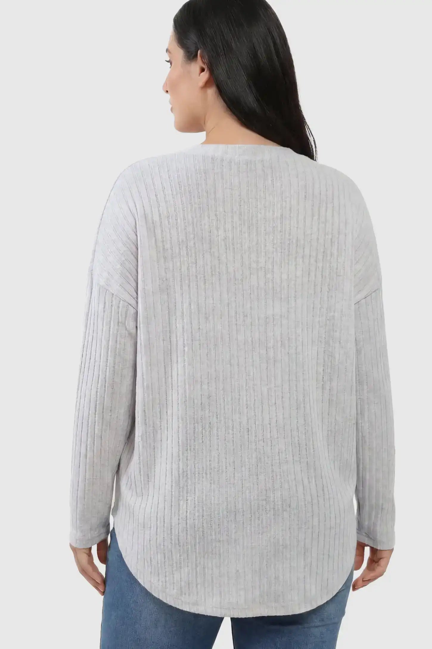 Button Down Ribbed Knit Maternity Cardigan Button Down Ribbed Knit Maternity Cardigan in Light Gray featuring a seamless ribbed back on a pregnant model.