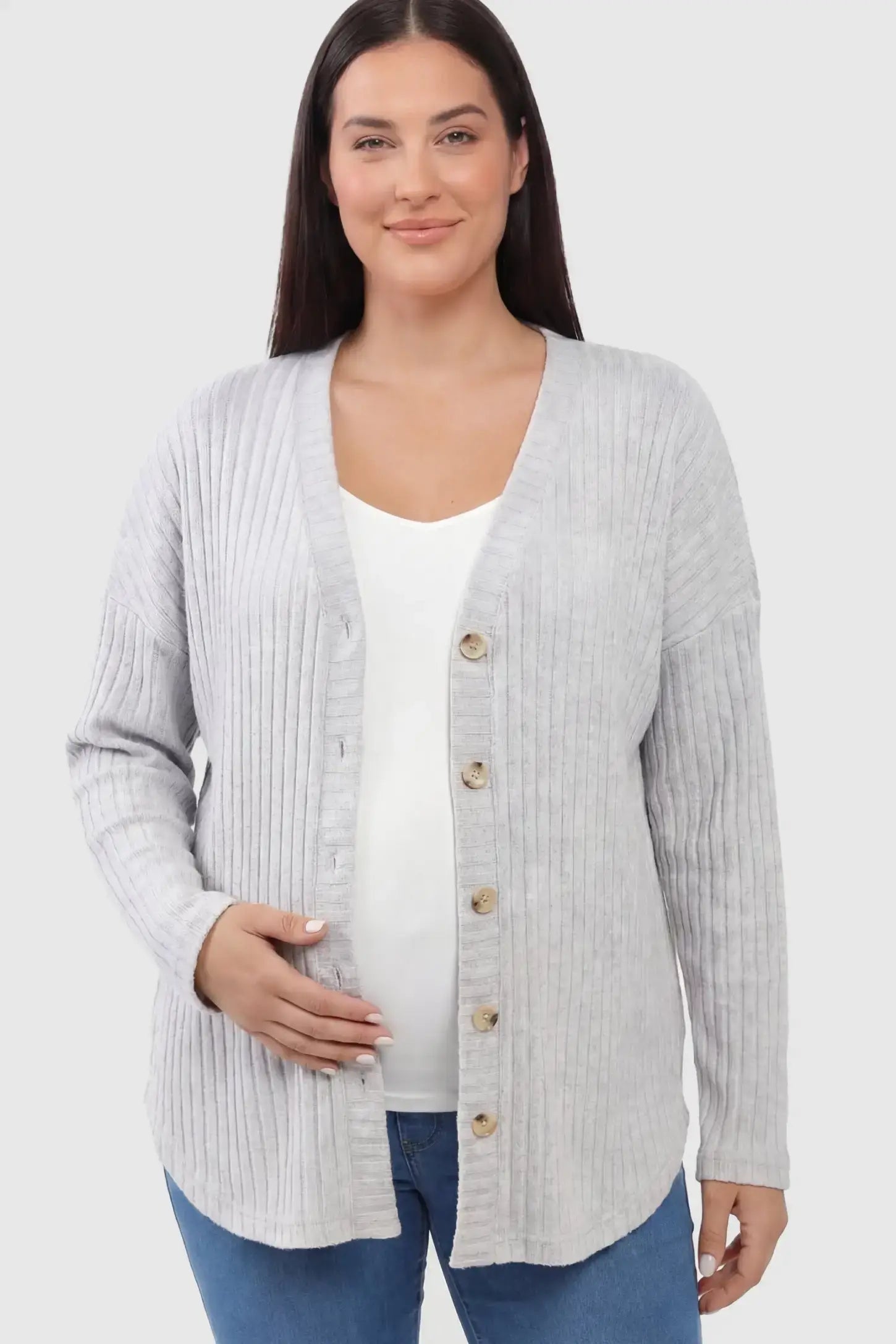 Button Down Ribbed Knit Maternity Cardigan Button Down Ribbed Knit Maternity Cardigan in Light Gray featuring a functional buttons on a pregnant model.