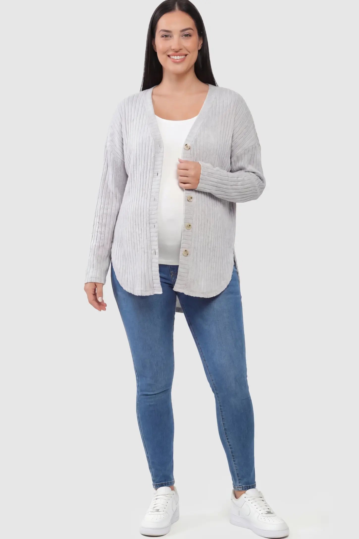 Button Down Ribbed Knit Maternity Cardigan Button Down Ribbed Knit Maternity Cardigan in Light Gray featuring a functional buttons on a pregnant model.