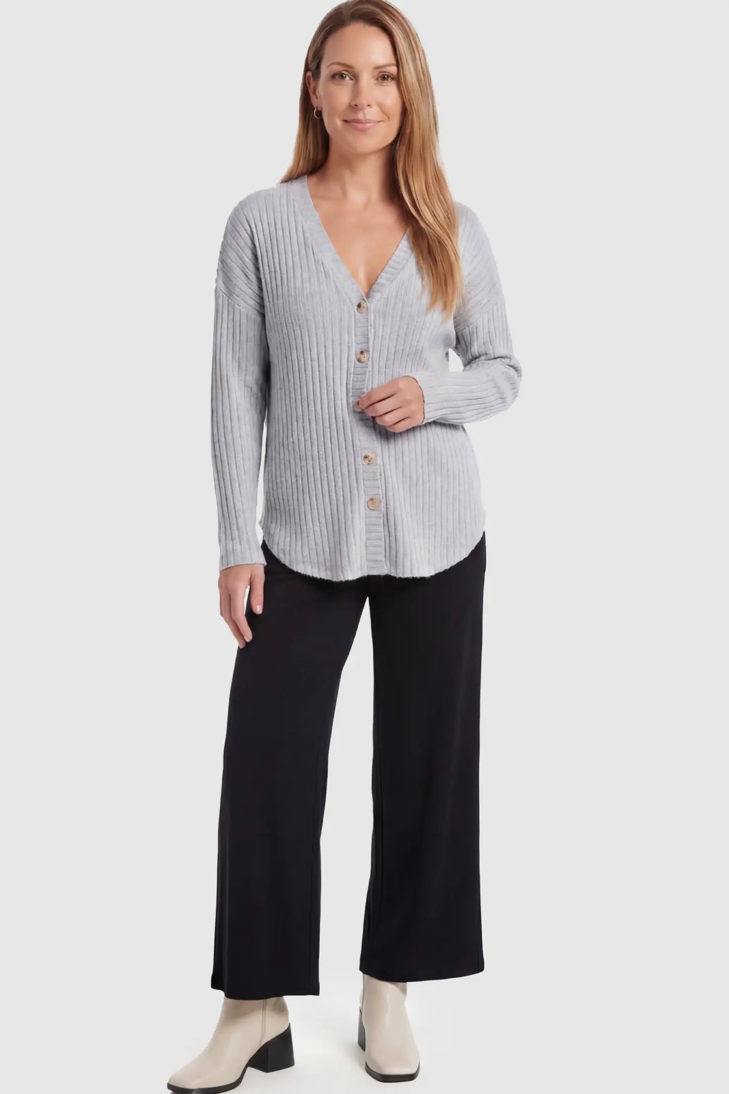 Button Down Ribbed Knit Maternity Cardigan Button Down Ribbed Knit Maternity Cardigan in Light gray featuring a functional buttons on a non pregnant model.