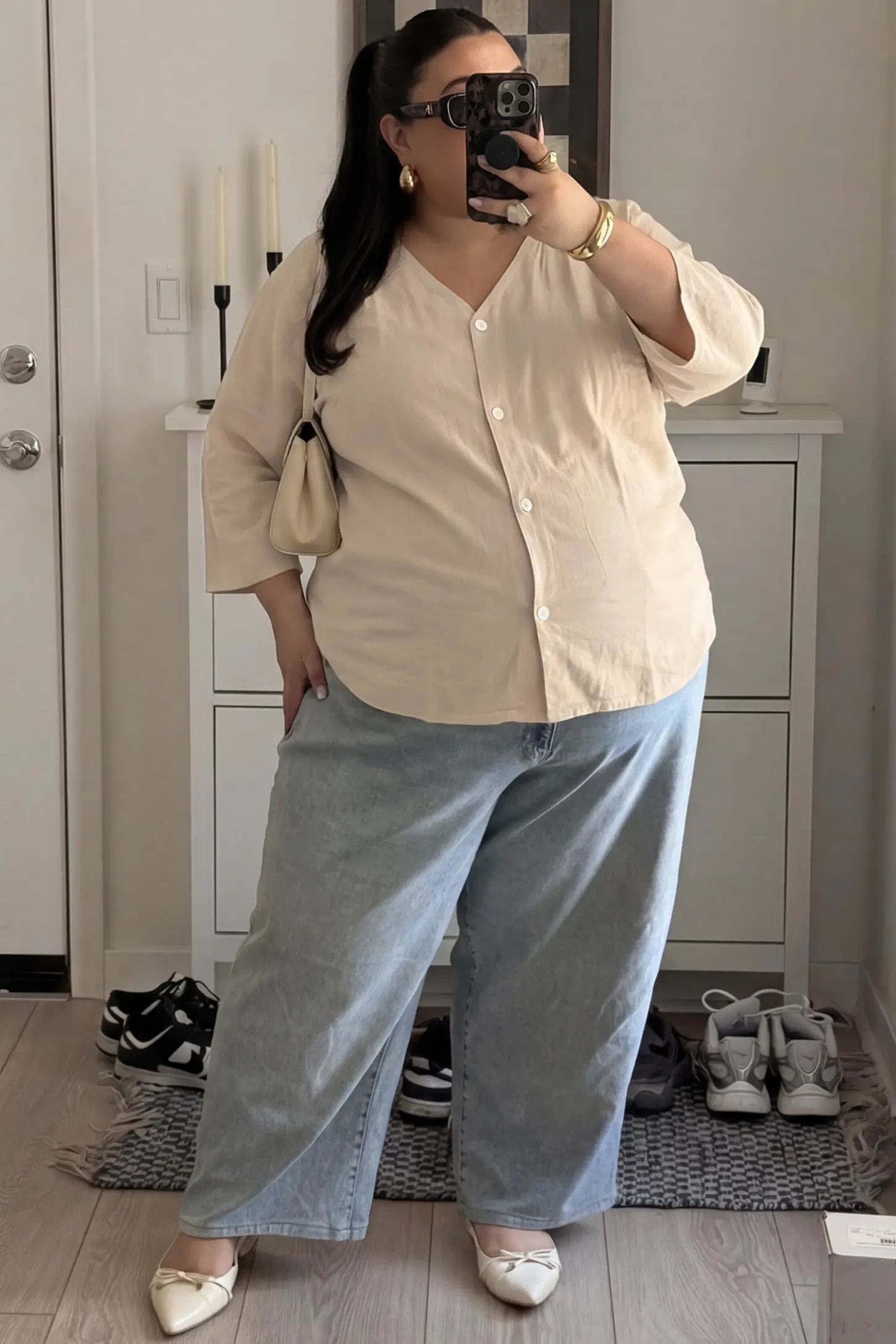 Button Down V-Neck Long Sleeve Maternity Top Button Down V-Neck Long Sleeve Maternity Top in Beige featuring a relaxed drape on a pregnant woman, front view.