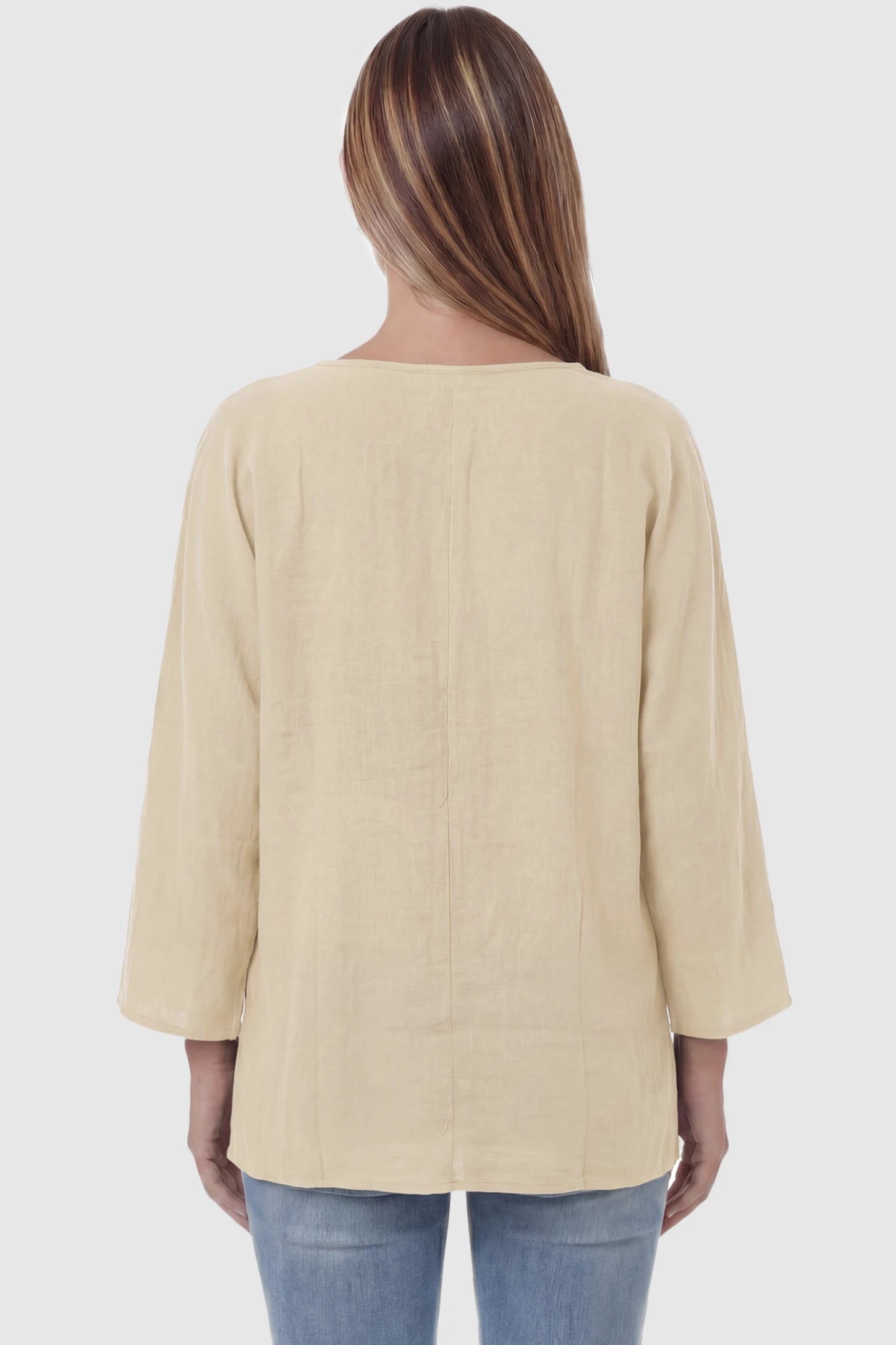 Button Down V-Neck Long Sleeve Maternity Top Button Down V-Neck Long Sleeve Maternity Top in Beige featuring a relaxed drape on a pregnant model, back view.