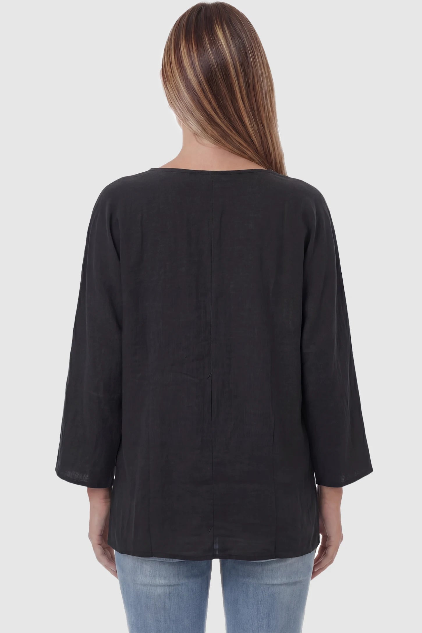 Button Down V-Neck Long Sleeve Maternity Top Button Down V-Neck Long Sleeve Maternity Top in Black featuring a relaxed drape on a pregnant model, back view.