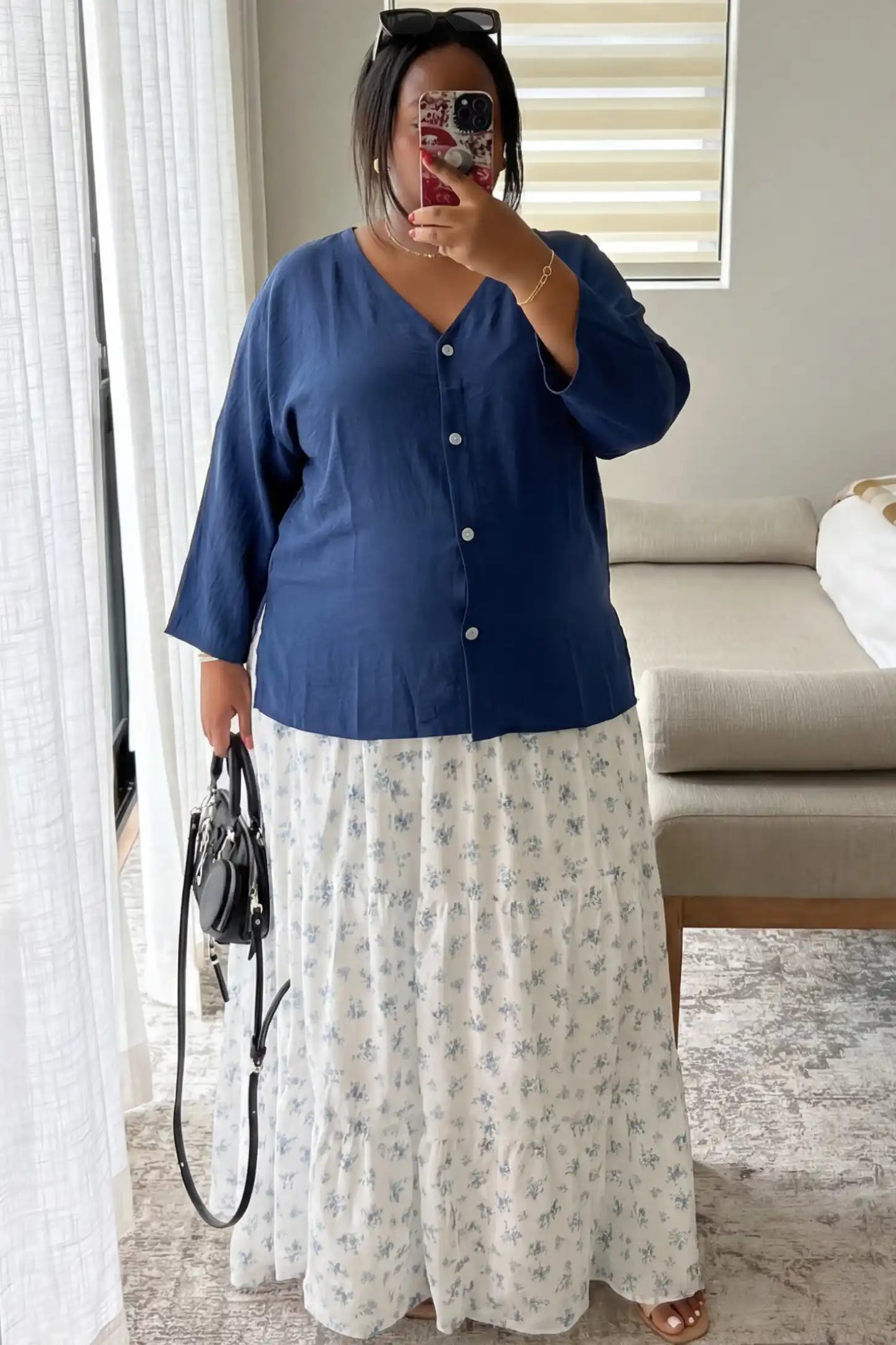 Button Down V-Neck Long Sleeve Maternity Top Button Down V-Neck Long Sleeve Maternity Top in Blue featuring a relaxed drape on a pregnant woman, front view.