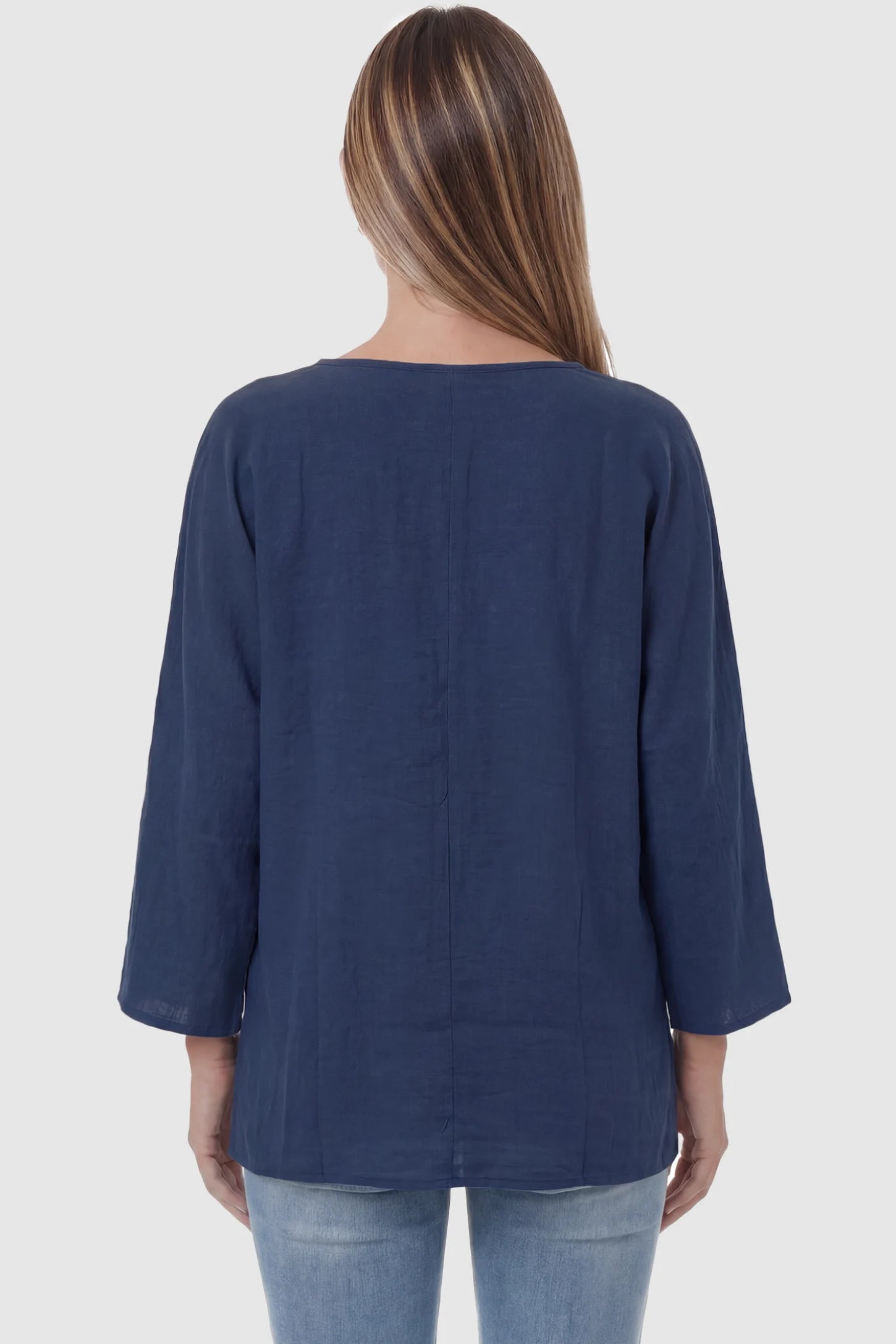 Button Down V-Neck Long Sleeve Maternity Top Button Down V-Neck Long Sleeve Maternity Top in Blue featuring a relaxed drape on a pregnant model, back view.