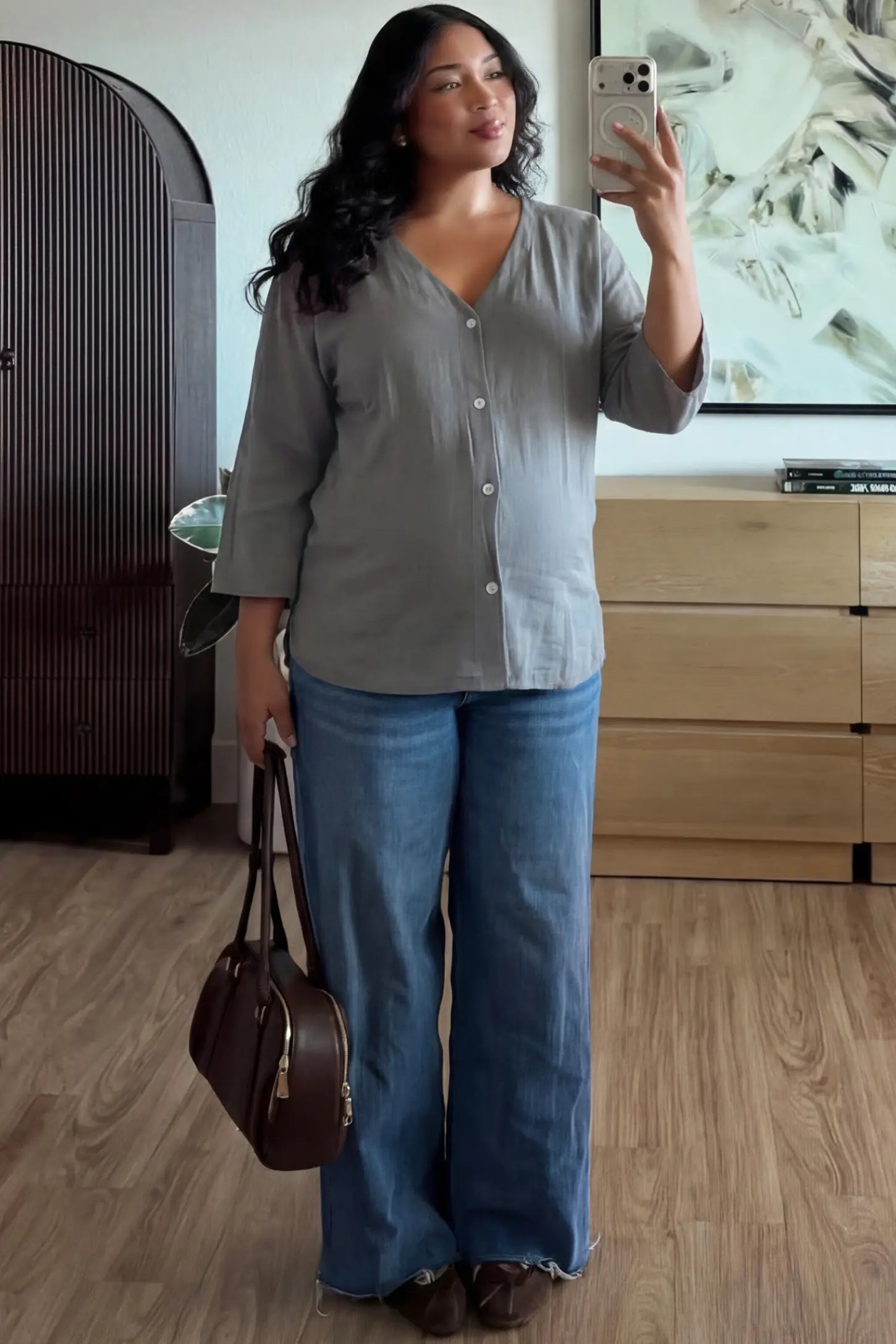 Button Down V-Neck Long Sleeve Maternity Top Button Down V-Neck Long Sleeve Maternity Top in Gray featuring a relaxed drape on a pregnant woman, front view.