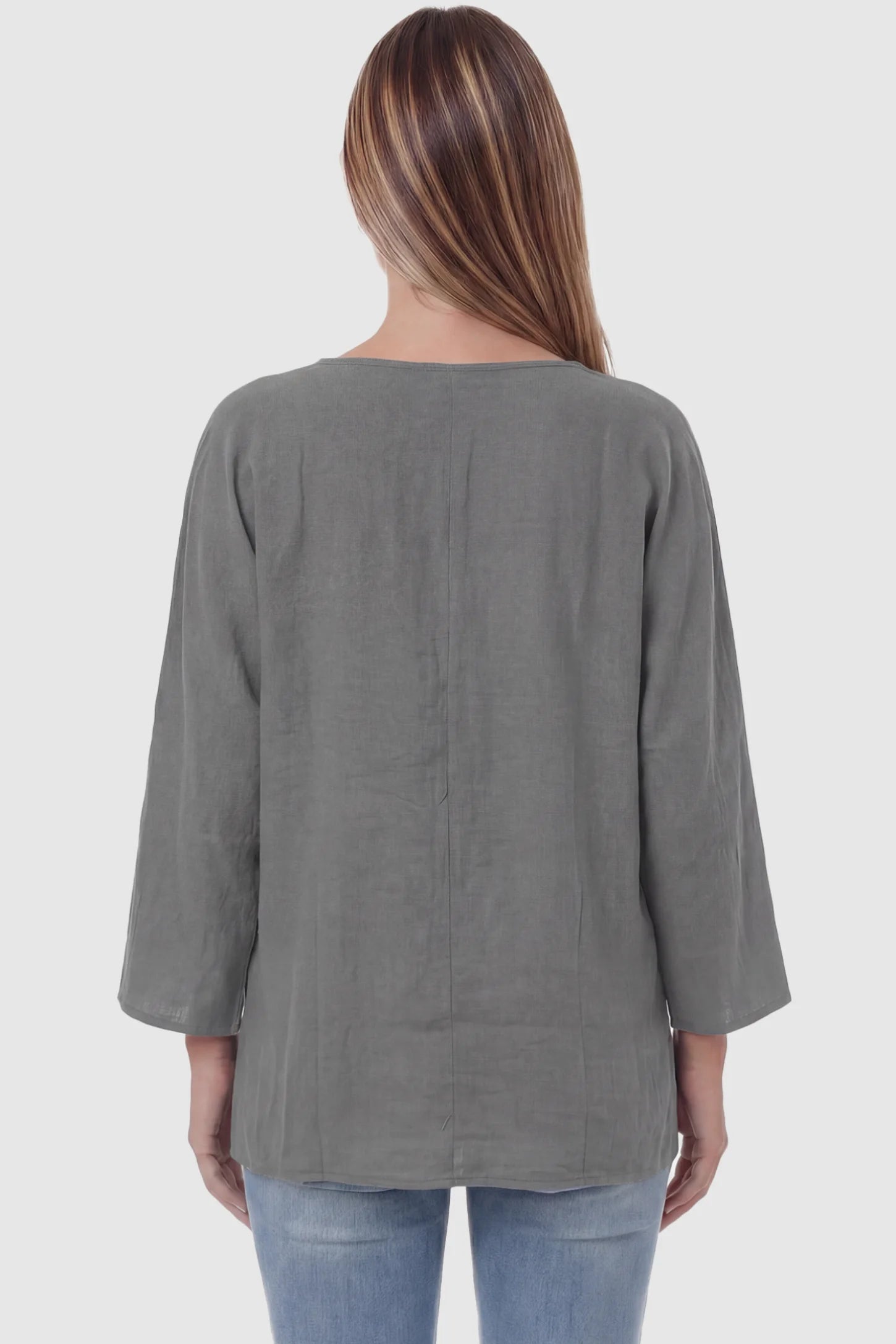 Button Down V-Neck Long Sleeve Maternity Top Button Down V-Neck Long Sleeve Maternity Top in Gray featuring a relaxed drape on a pregnant model, back view.