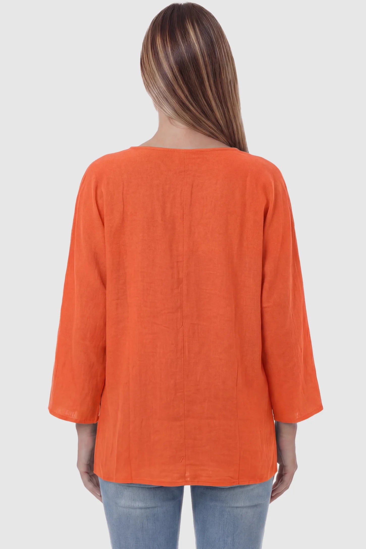 Button Down V-Neck Long Sleeve Maternity Top Button Down V-Neck Long Sleeve Maternity Top in Orange featuring a relaxed drape on a pregnant model, back view.