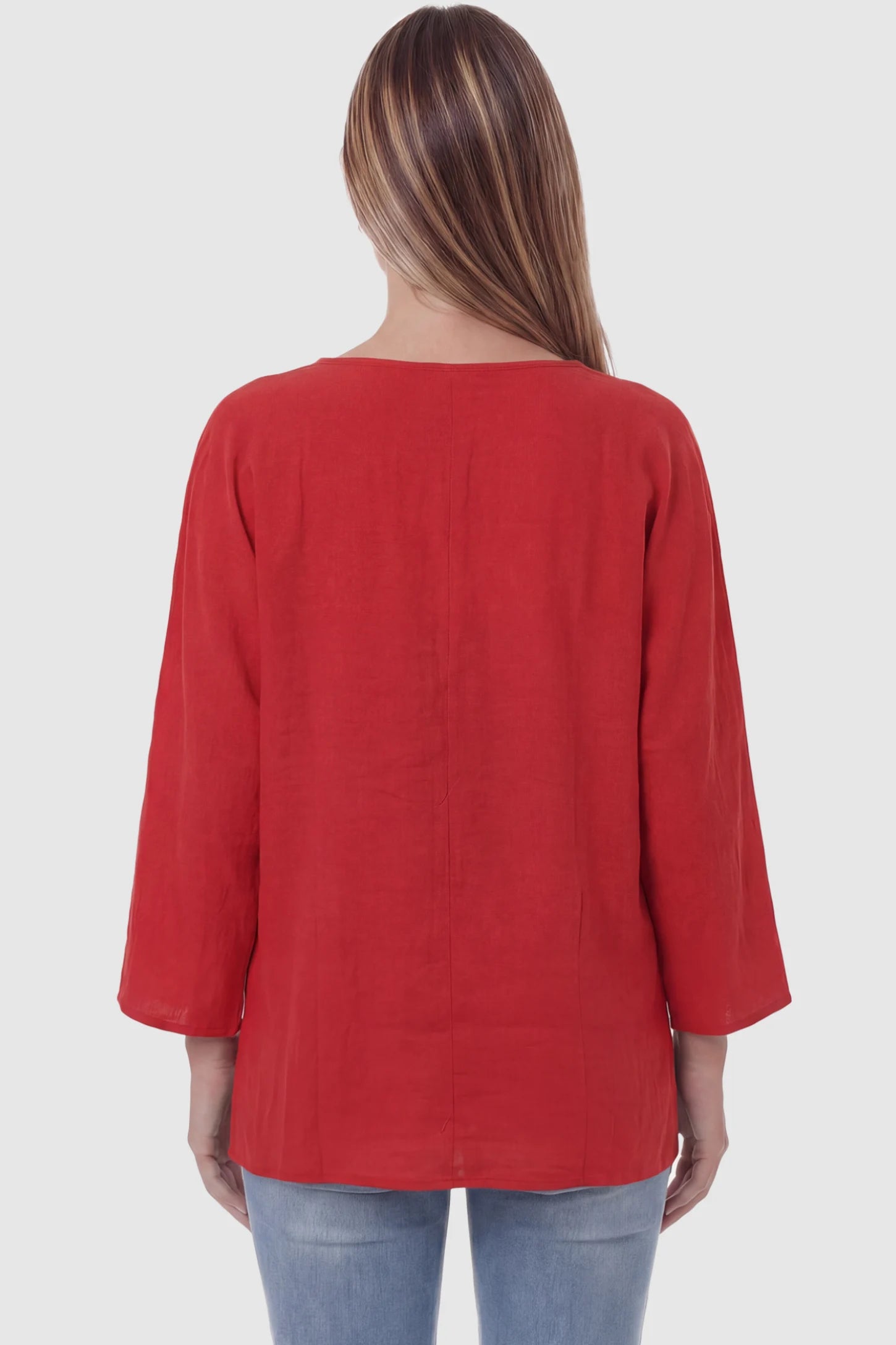 Button Down V-Neck Long Sleeve Maternity Top Button Down V-Neck Long Sleeve Maternity Top in Red featuring a relaxed drape on a pregnant model, back view.