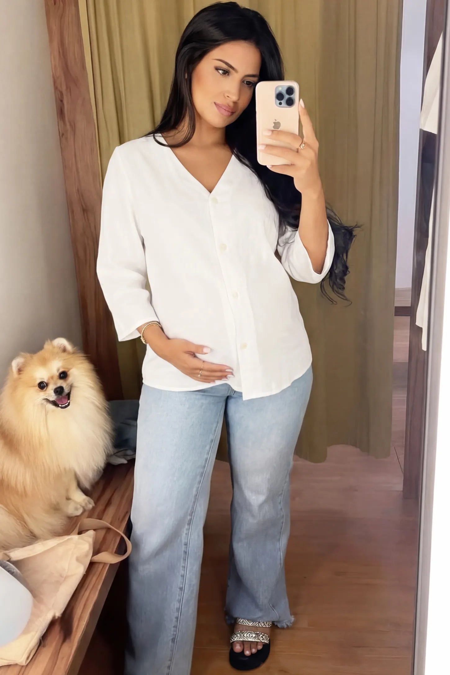 Button Down V-Neck Long Sleeve Maternity Top Button Down V-Neck Long Sleeve Maternity Top in White featuring a relaxed drape on a pregnant woman, front view.